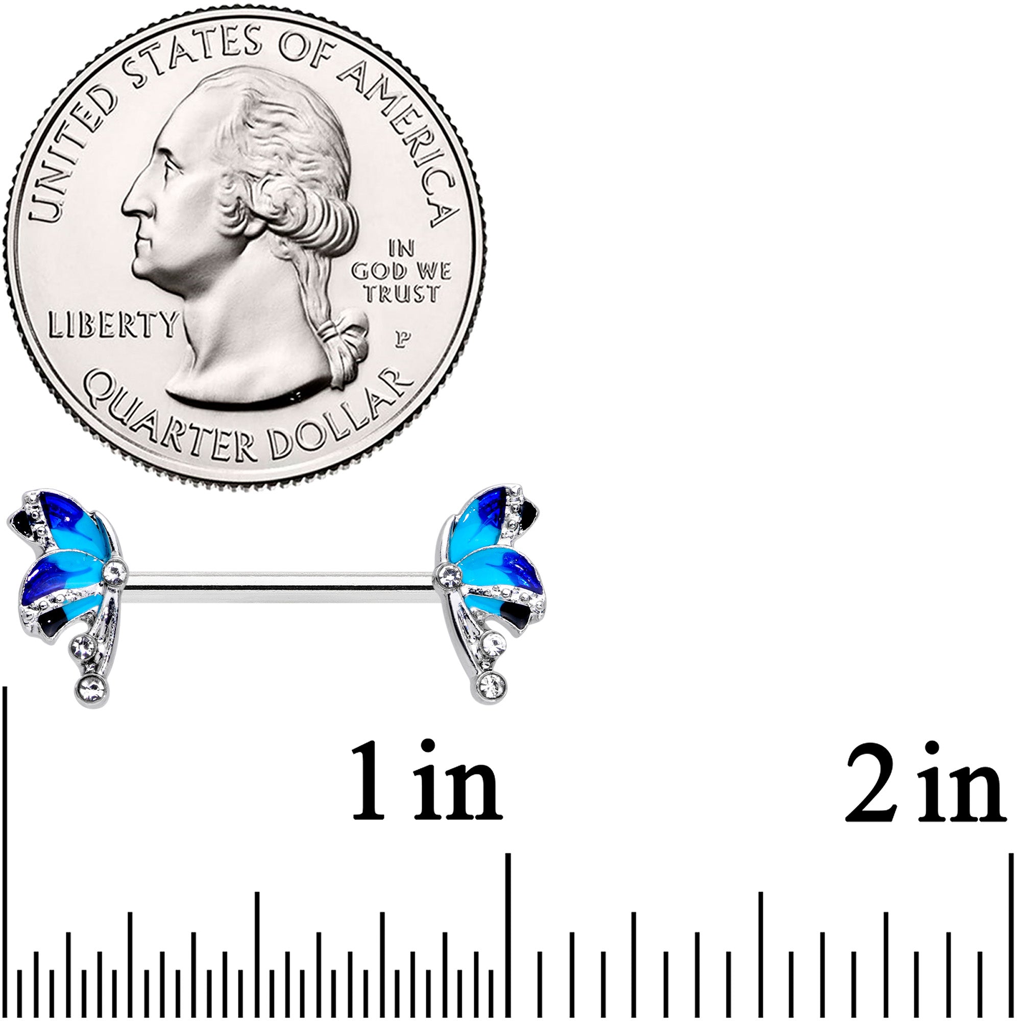 14 Gauge 9/16 Clear Gem Blue Butterfly Barbell Nipple Ring Set