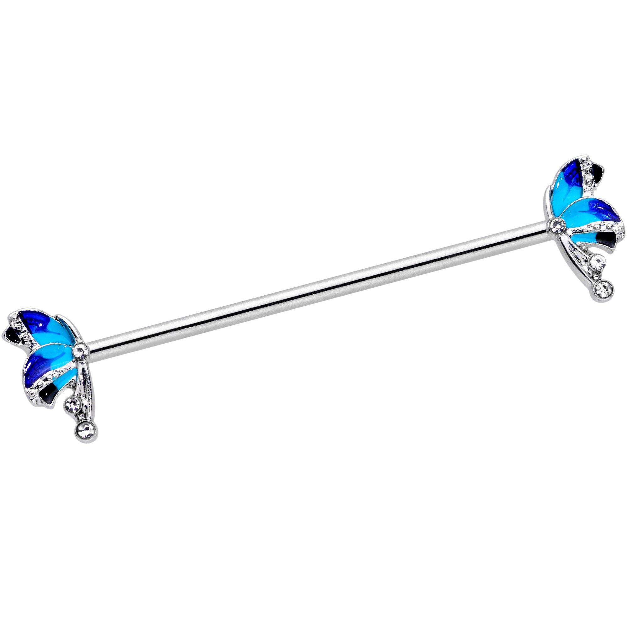 14 Gauge Clear Gem Blue Butterfly Industrial Barbell 38mm