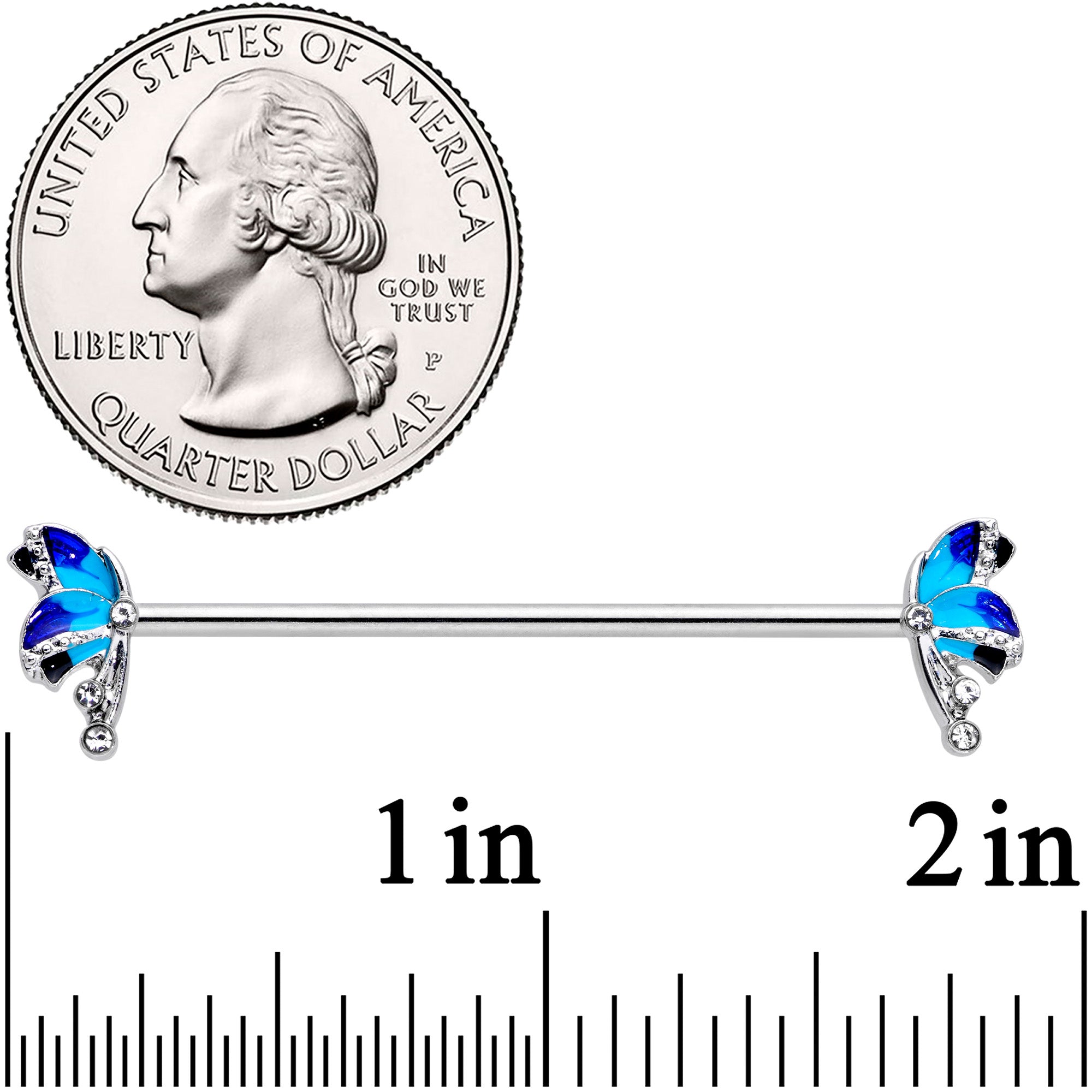 14 Gauge Clear Gem Blue Butterfly Industrial Barbell 38mm