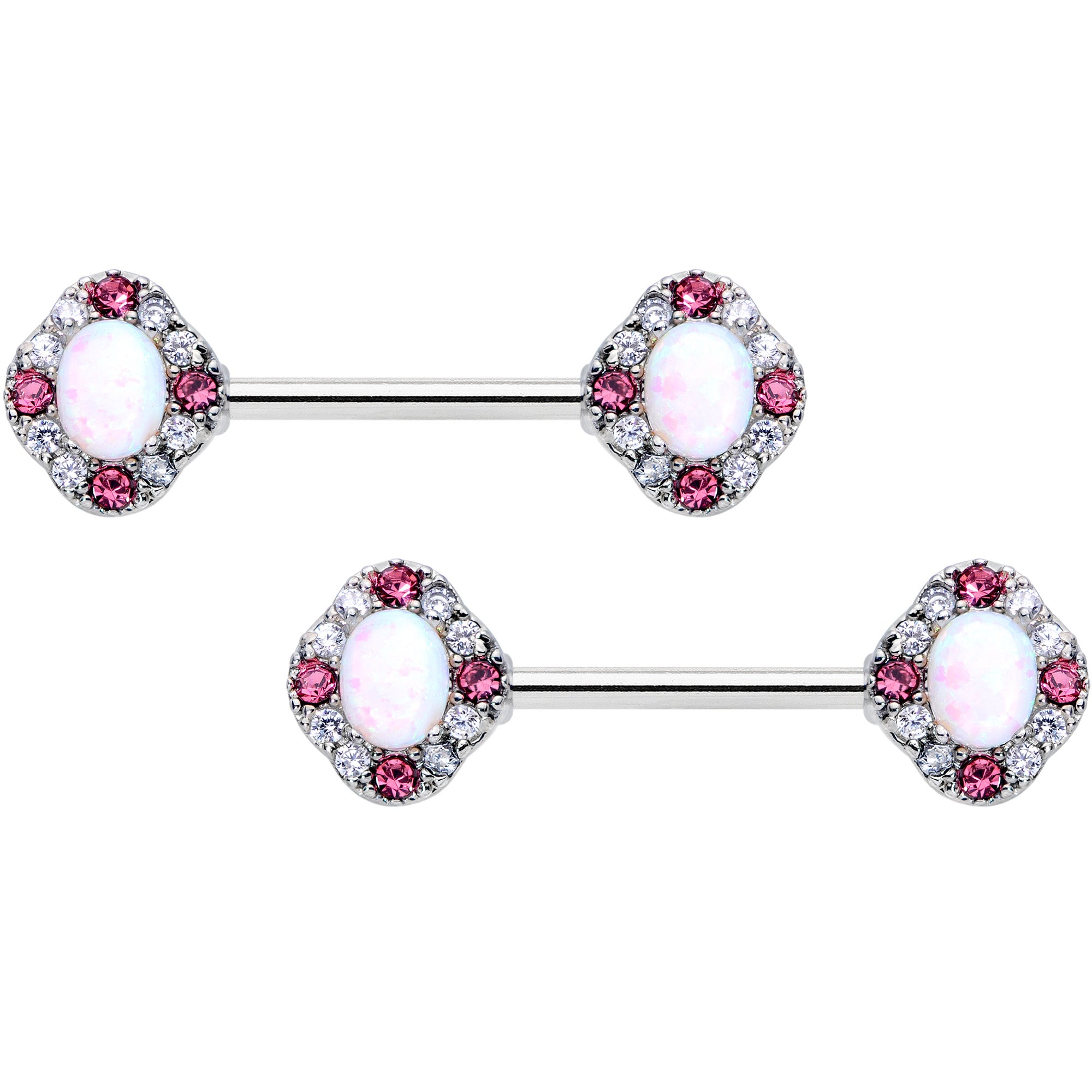 14 Gauge 9/16 White Synthetic Opal Glam Oval Barbell Nipple Ring Set