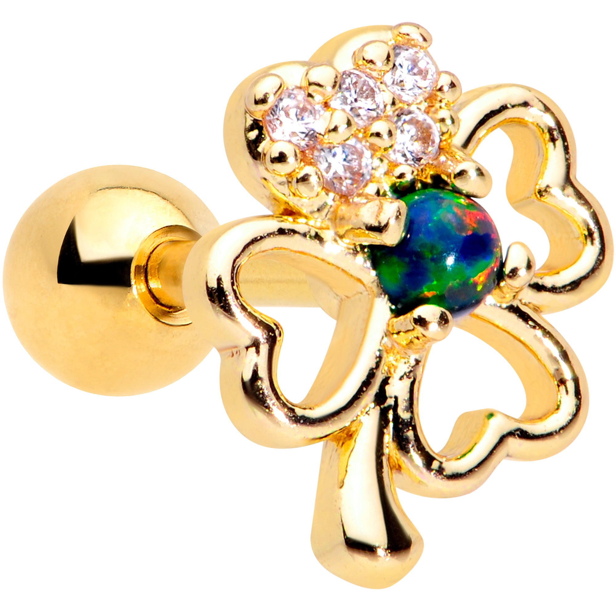 16 Gauge 1/4 Green Synthetic Opal Gold Tone Shamrock Cartilage Tragus