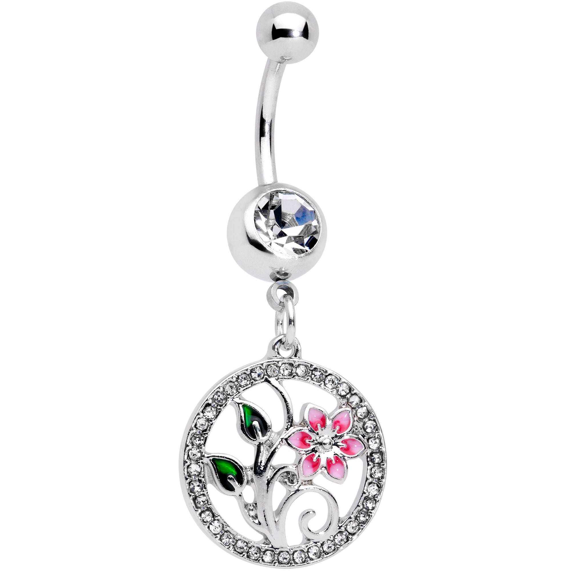 Clear Gem Pink Flower Circle Dangle Belly Ring