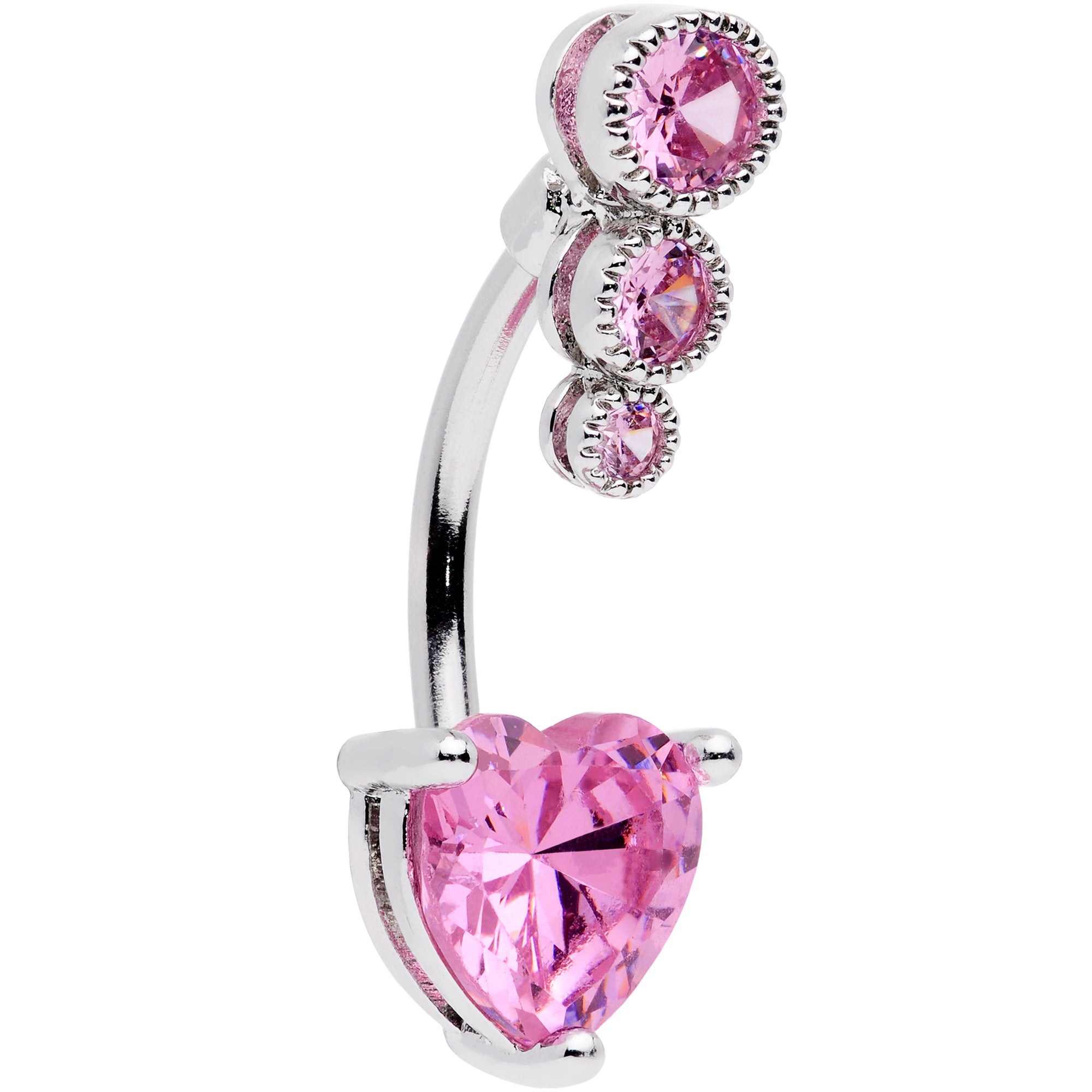 Pink CZ Gem Triple Drop Heart Belly Ring