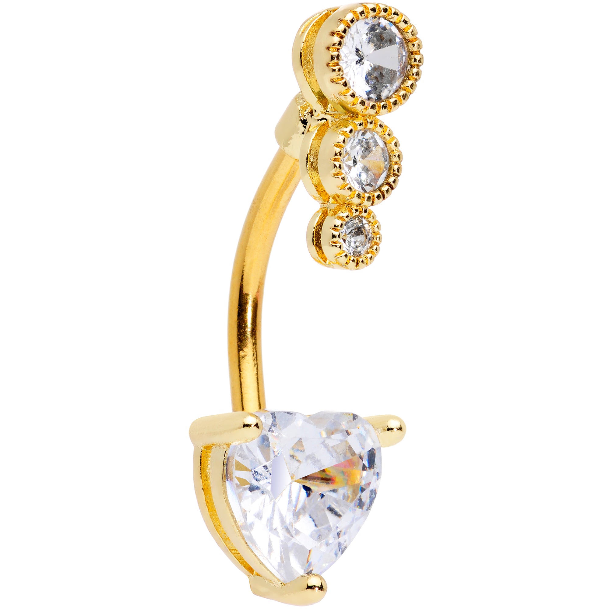 Clear CZ Gem Gold Tone Triple Drop Heart Belly Ring