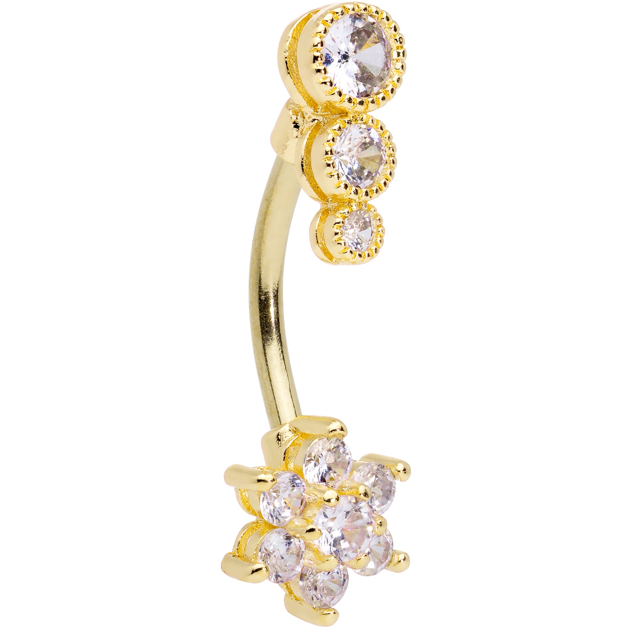 Clear CZ Gem Gold Tone Triple Drop Flower Belly Ring