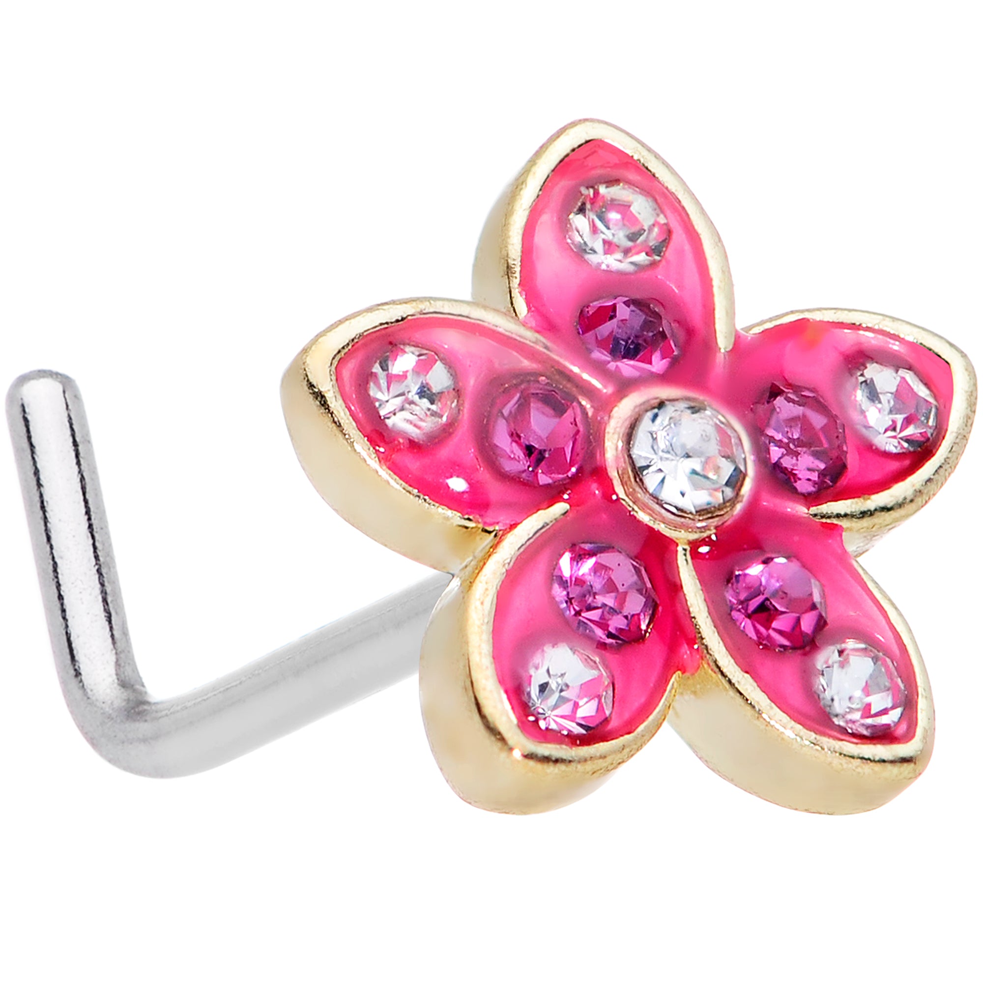 20 Gauge 1/4 Clear Purple Gem Flower L Shape Nose Ring