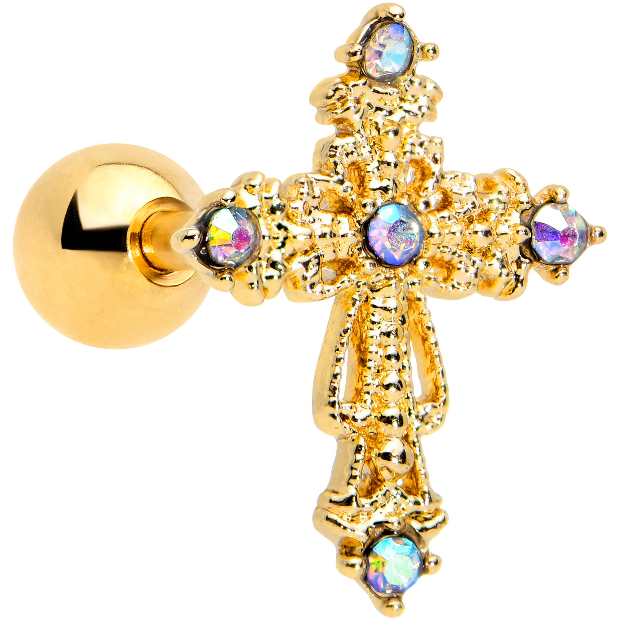 16 Gauge 1/4 Aurora CZ Gem Gold Tone Elegant Cross Cartilage Tragus