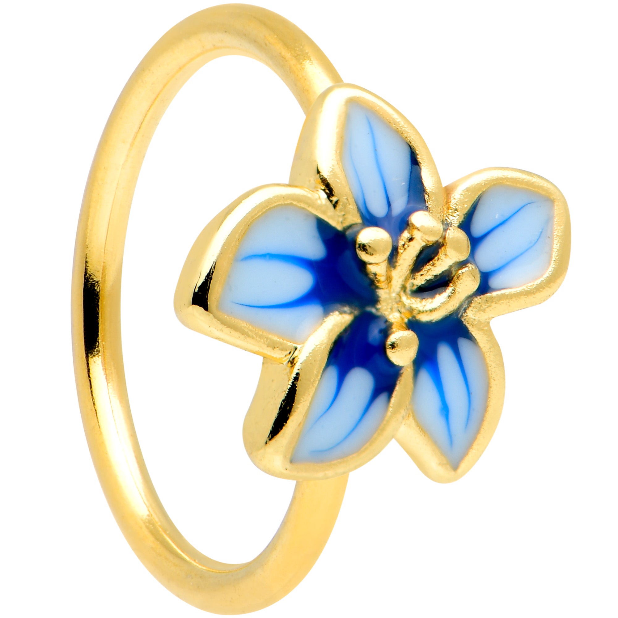 20 Gauge 5/16 Gold Tone White Blue Flower Nose Hoop