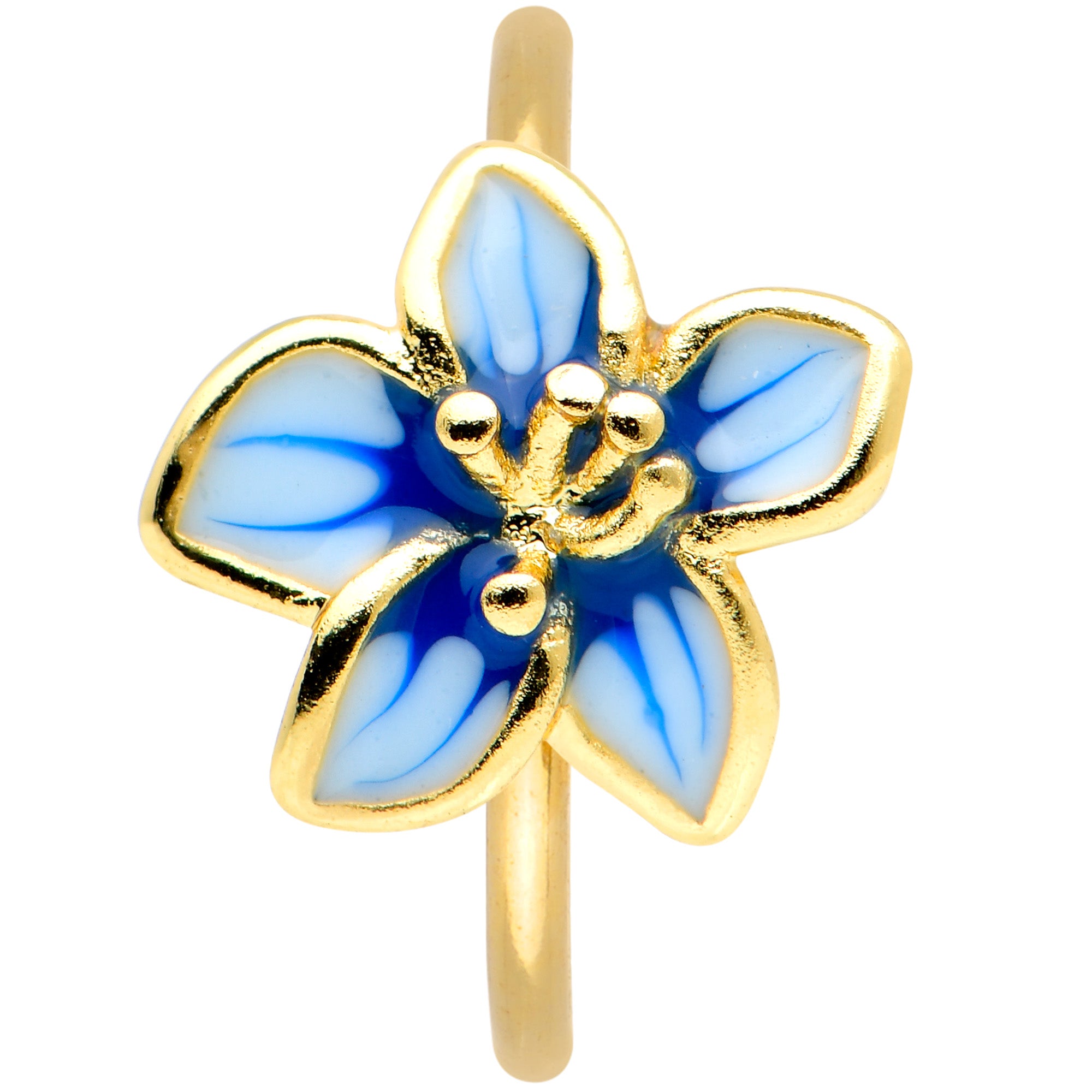 20 Gauge 5/16 Gold Tone White Blue Flower Nose Hoop