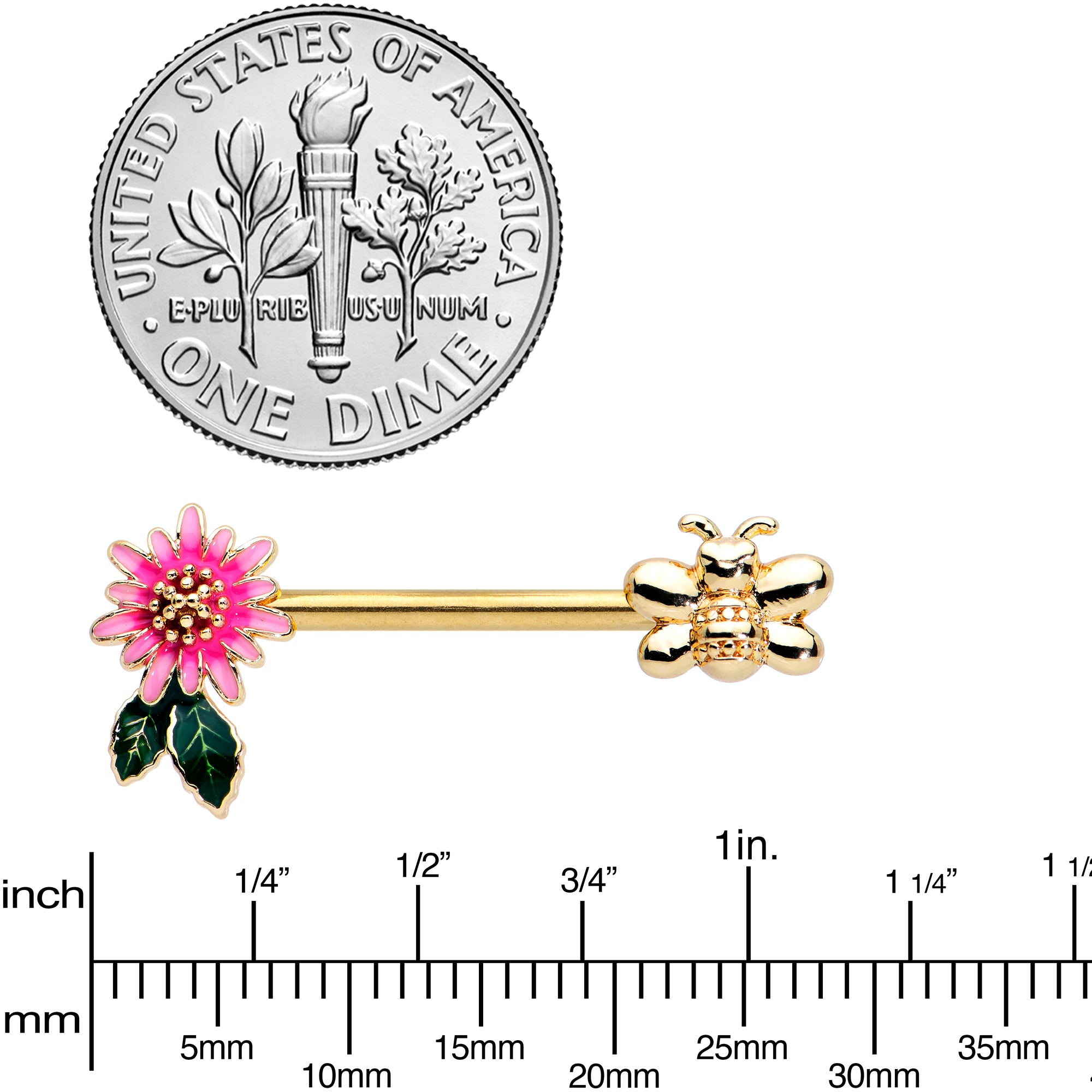 14 Gauge 1/2 Gold Tone Pink Flower Bee Barbell Nipple Ring Set