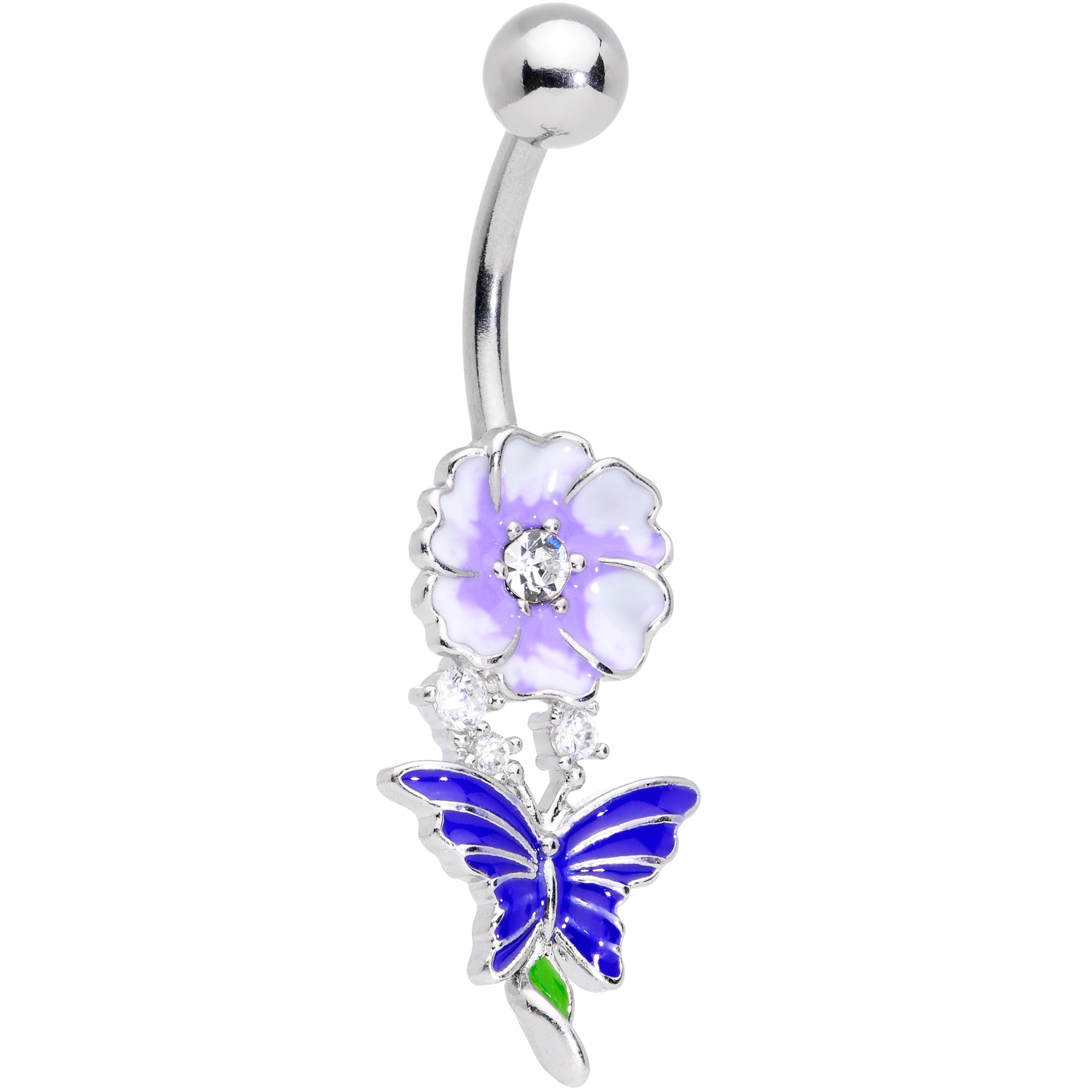 Clear CZ Gem Flower Blue Butterfly Belly Ring