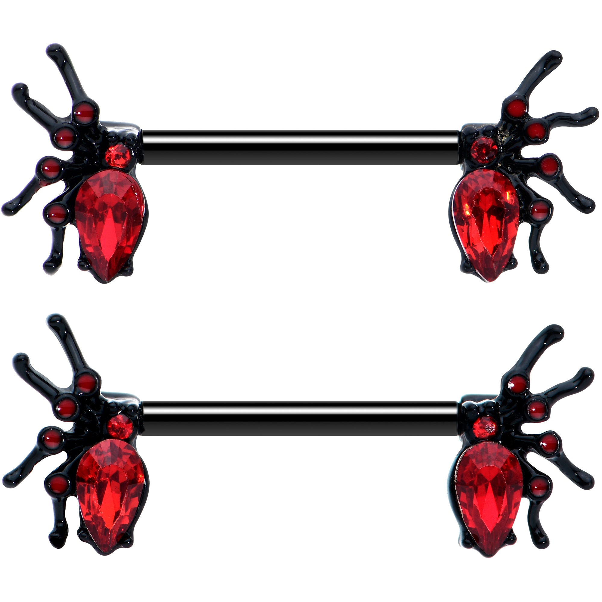 14 Gauge Red Gem Black Creep Spider Halloween Barbell Nipple Ring Set