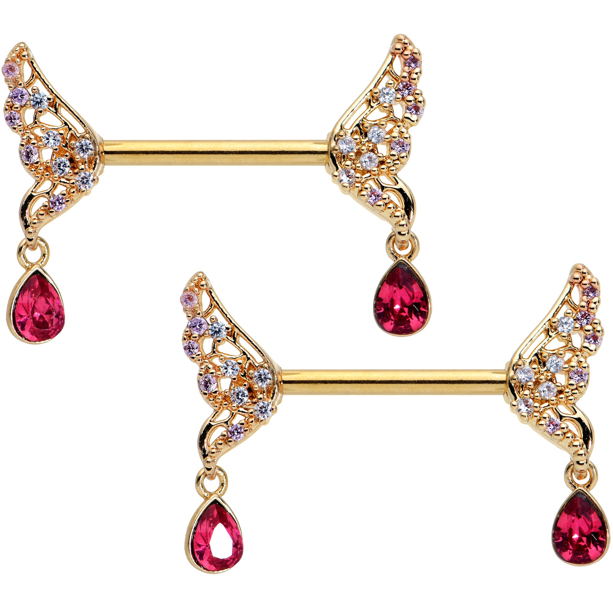 14 Gauge 9/16 Red Gem Gold Tone Wing Dangle Barbell Nipple Ring Set