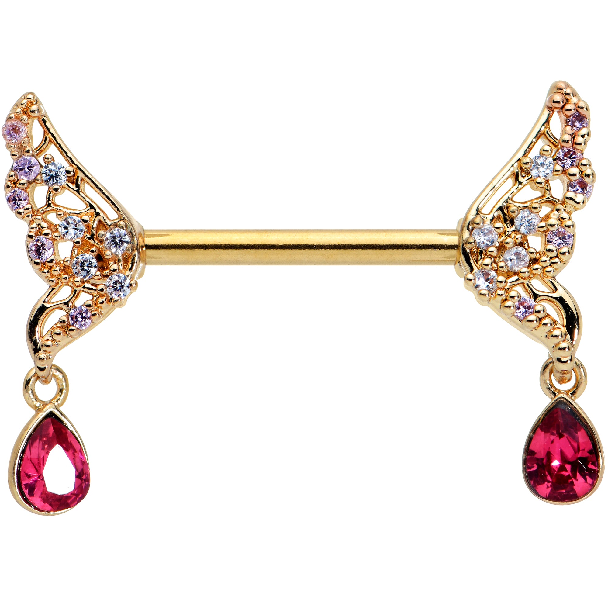 14 Gauge 9/16 Red Gem Gold Tone Wing Dangle Barbell Nipple Ring Set