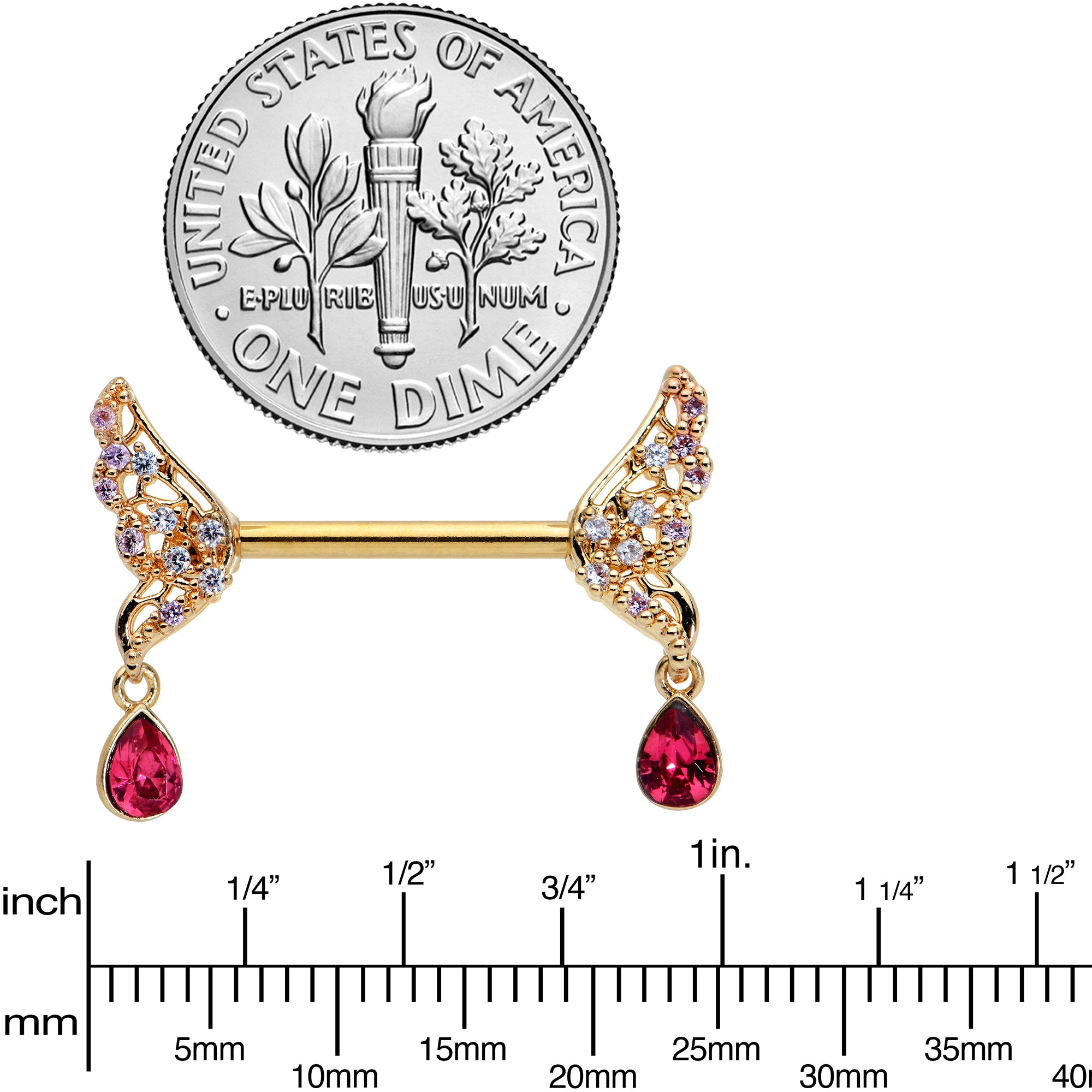 14 Gauge 9/16 Red Gem Gold Tone Wing Dangle Barbell Nipple Ring Set