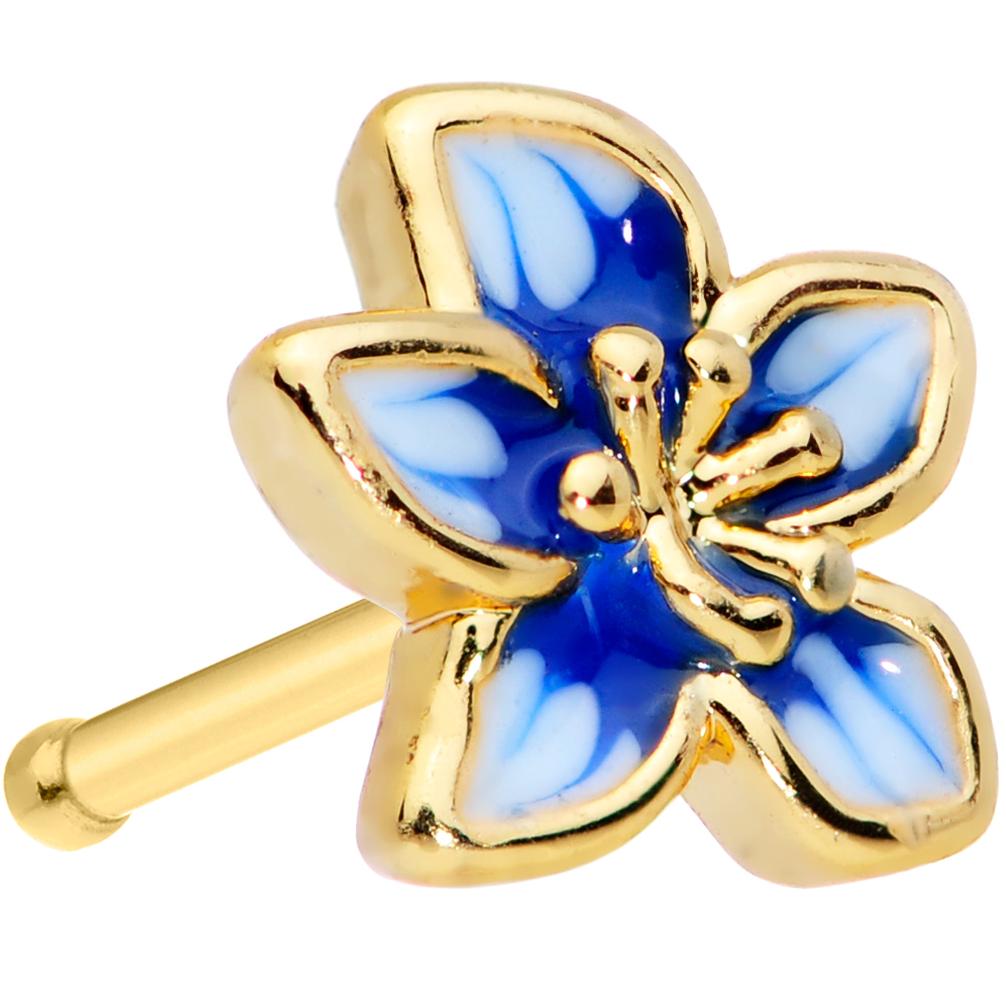 20 Gauge 1/4 Gold Tone White Blue Flower Nose Bone