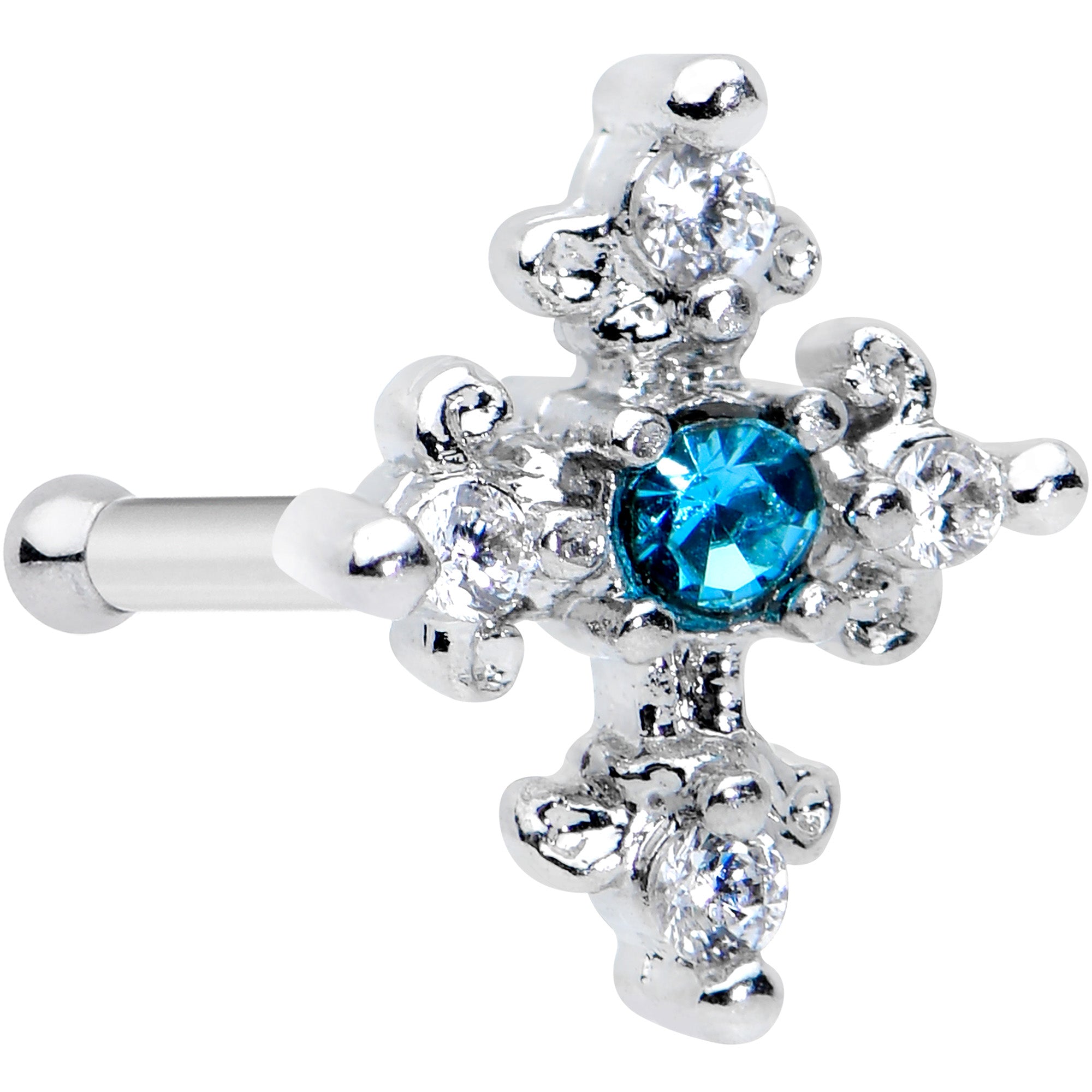 20 Gauge 5/16 Clear Blue Gem Renaissance Cross Nose Bone