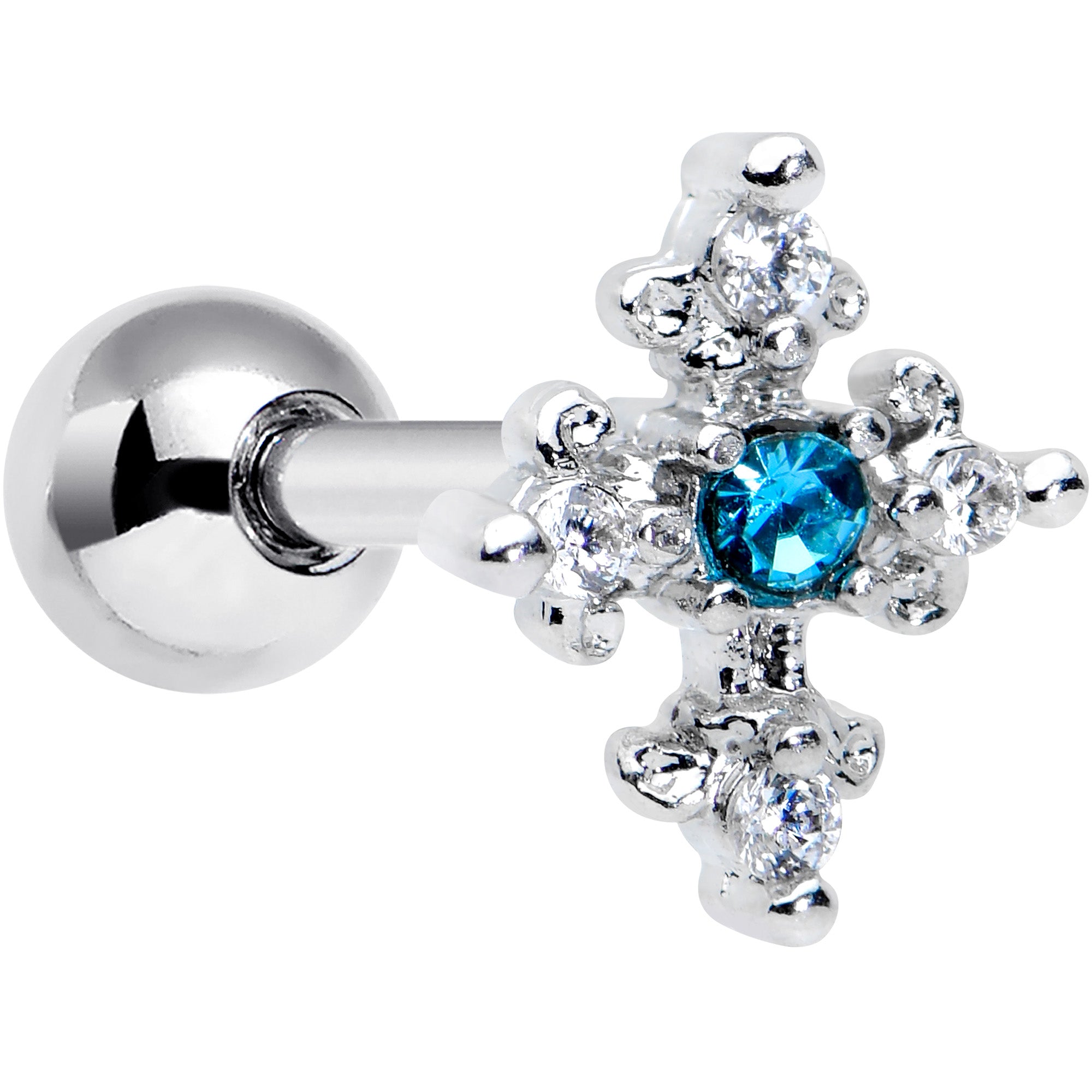 16 Gauge 1/4 Clear Blue Gem Renaissance Cross Cartilage Tragus Earring