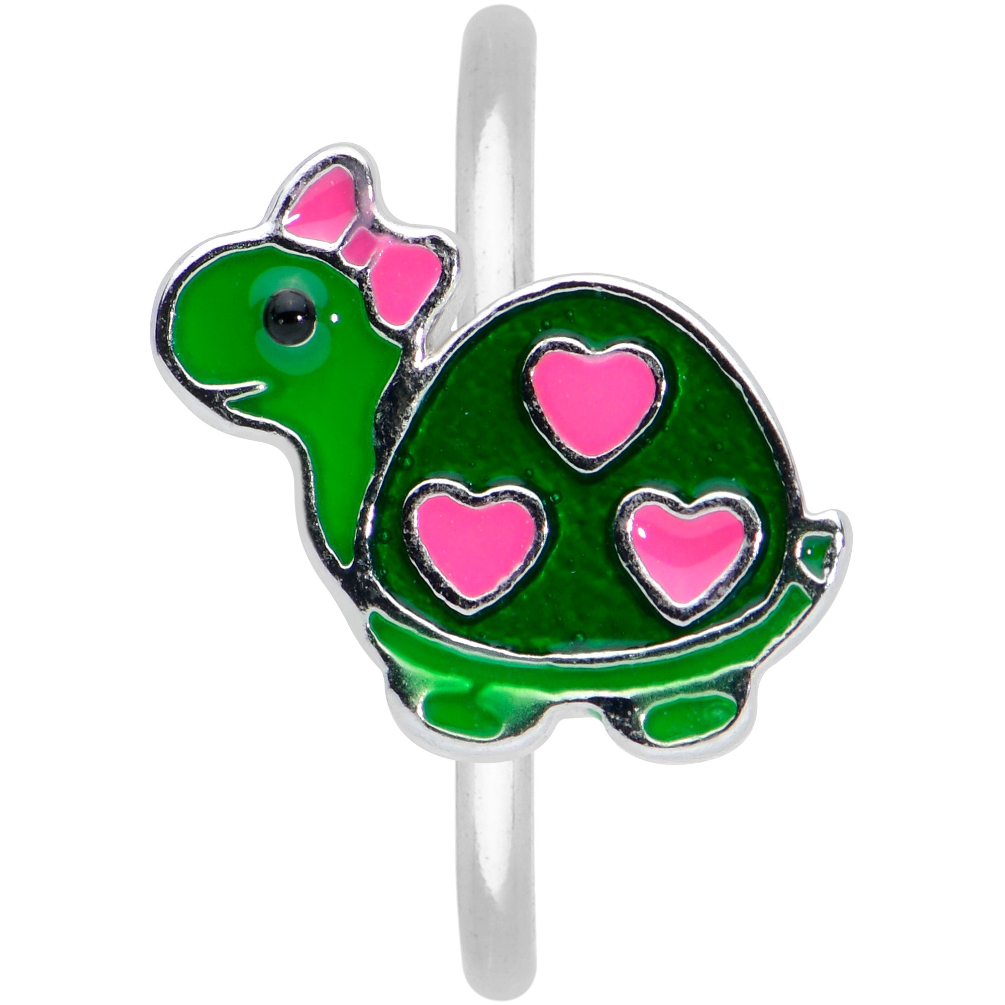 20 Gauge 5/16 Pink Hearts Bow Green Turtle Nose Hoop