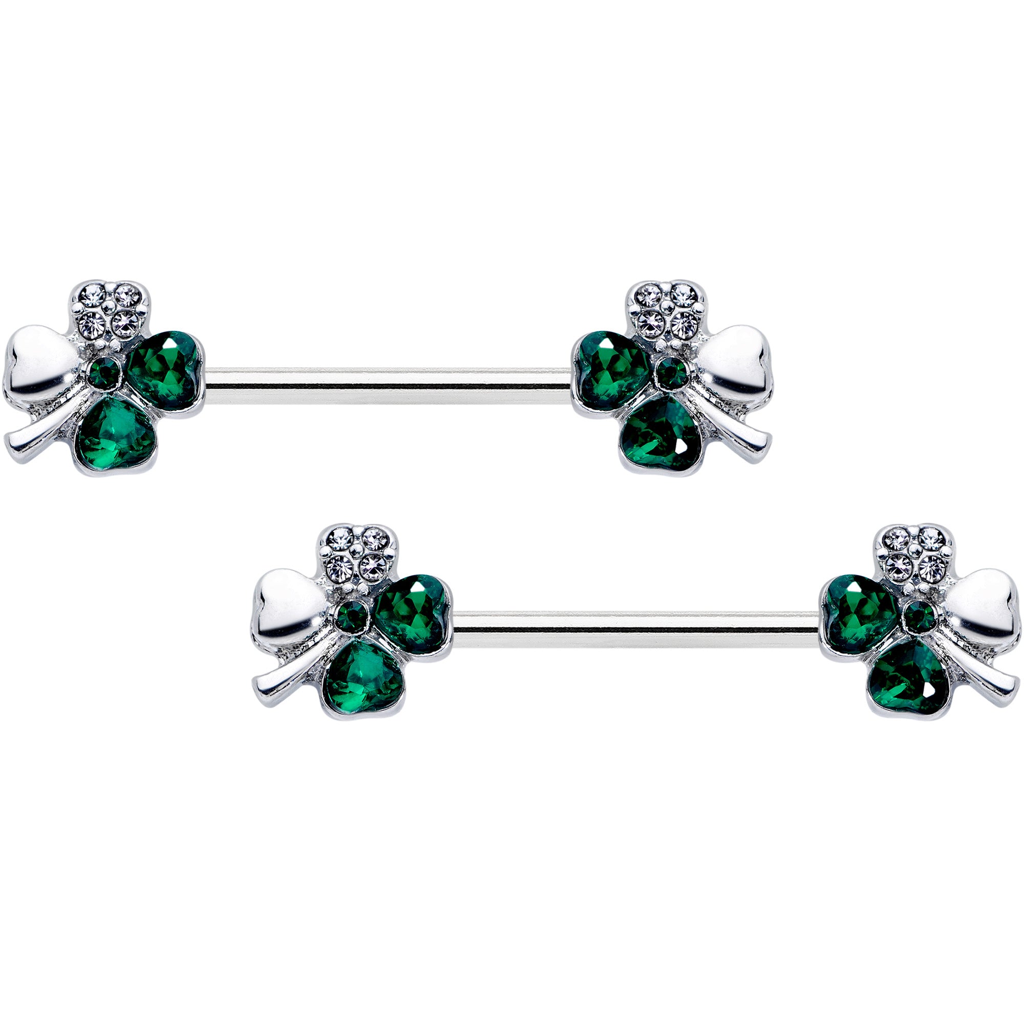 14 Gauge 9/16 Clear Green Gem Shamrock St Patricks Day Nipple Ring Set