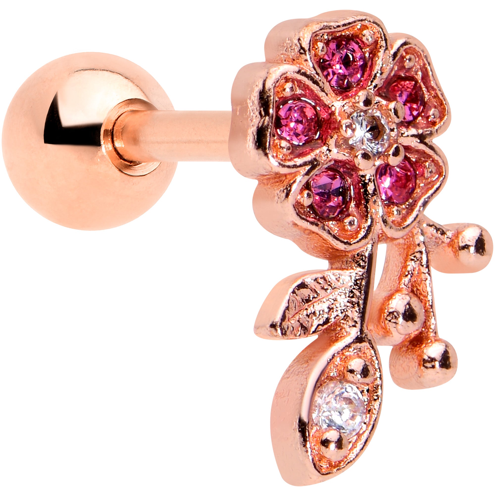 16 Gauge 1/4 Pink Gem Rose Gold Tone Heart Flower Cartilage Tragus