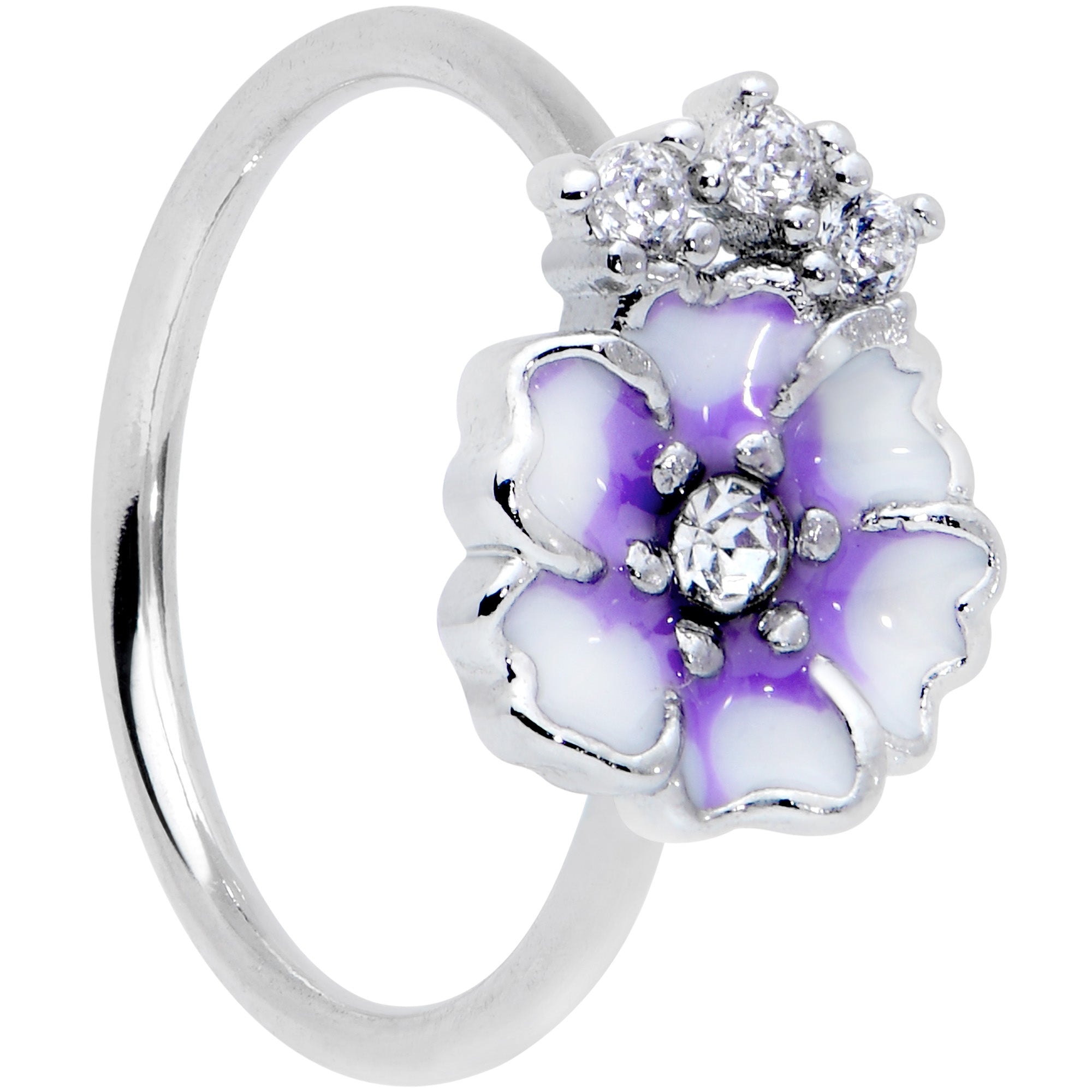 20 Gauge 5/16 Clear CZ Gem Purple White Flower Nose Hoop