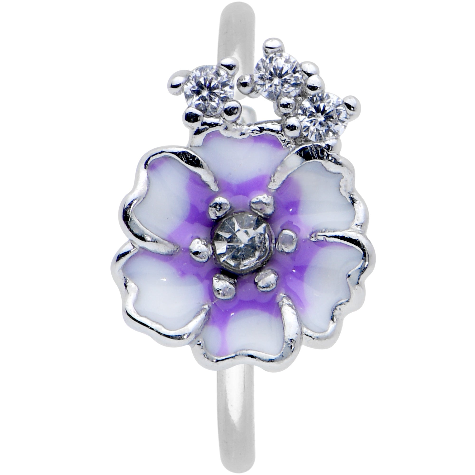 20 Gauge 5/16 Clear CZ Gem Purple White Flower Nose Hoop