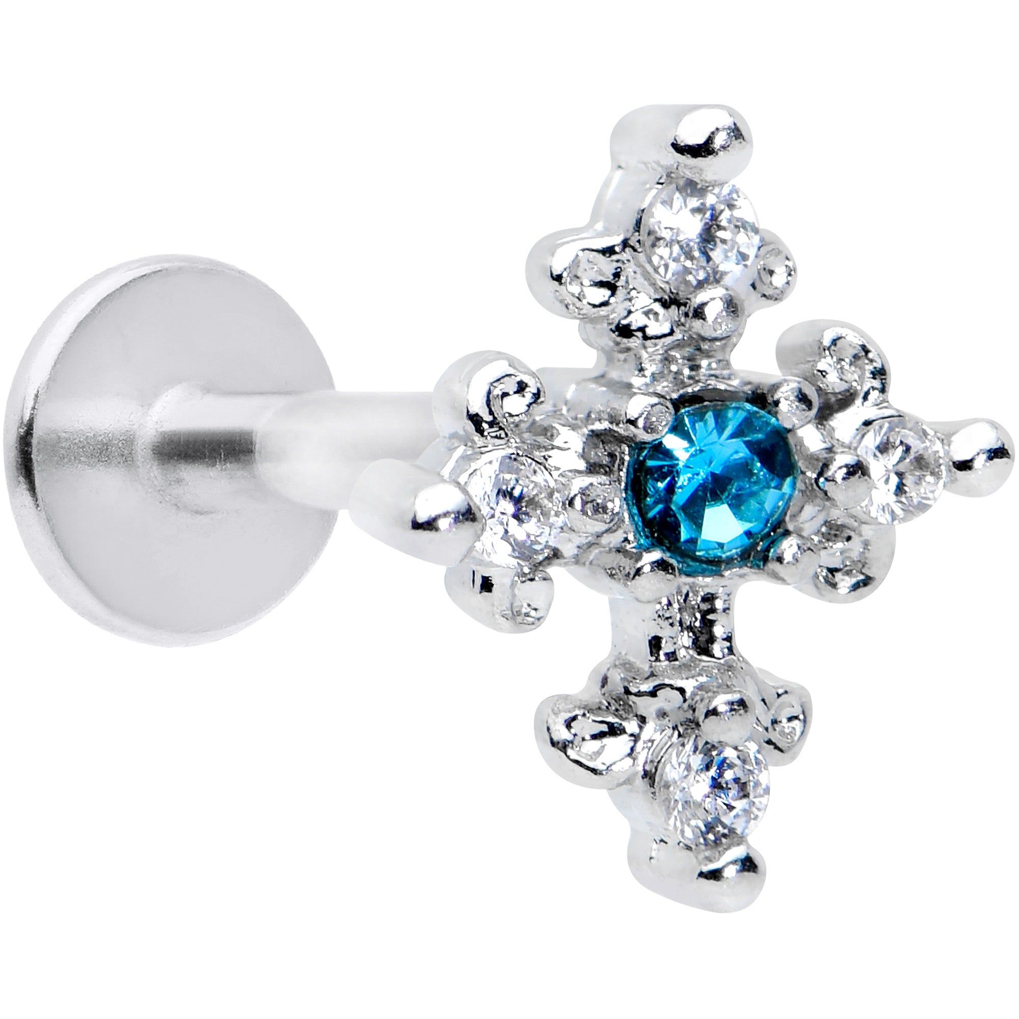 16 Gauge 5/16 Clear Blue Gem Renaissance Cross Labret Monroe Tragus