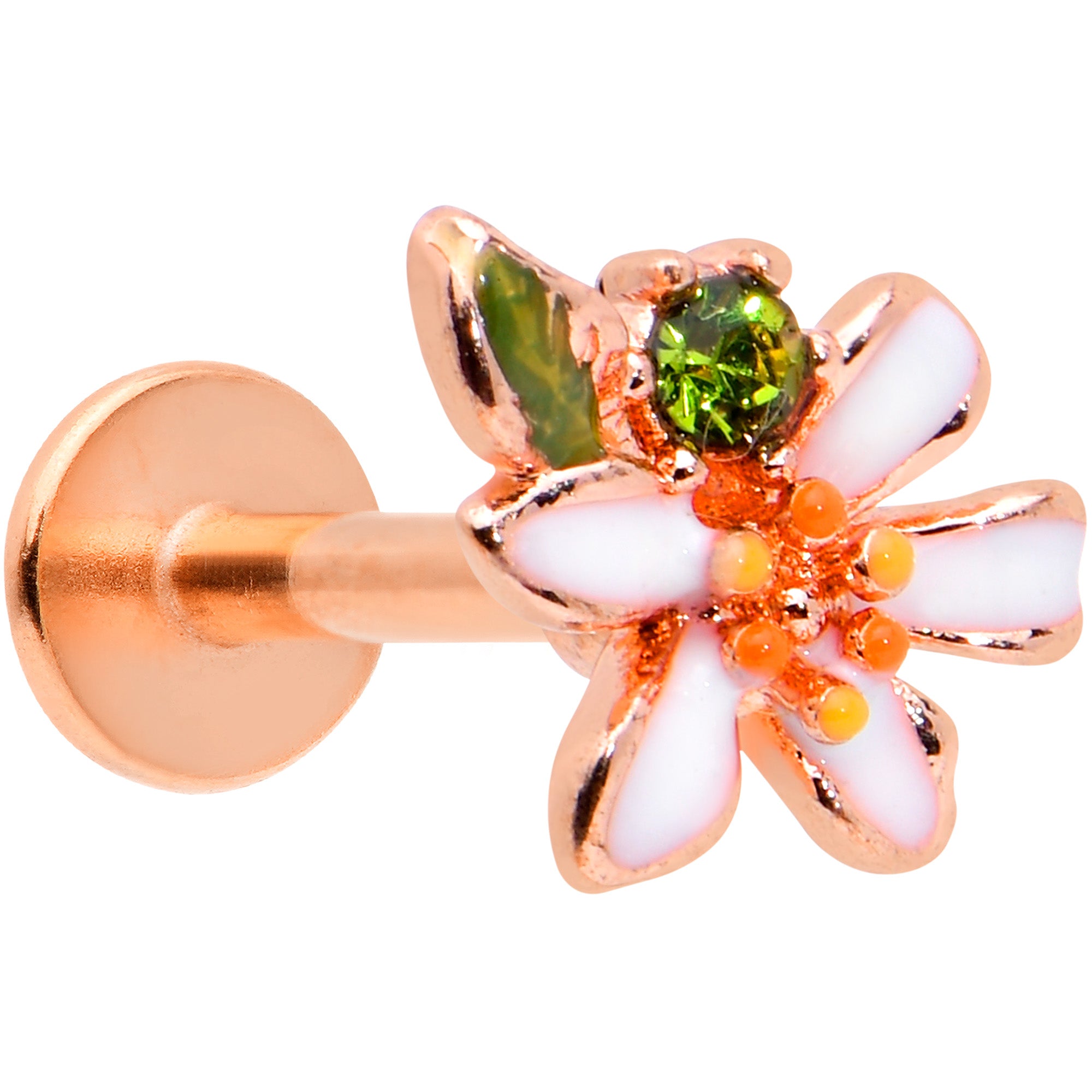 16 Gauge 1/4 Green CZ Gem Rose Gold Tone Bold Flower Labret Tragus