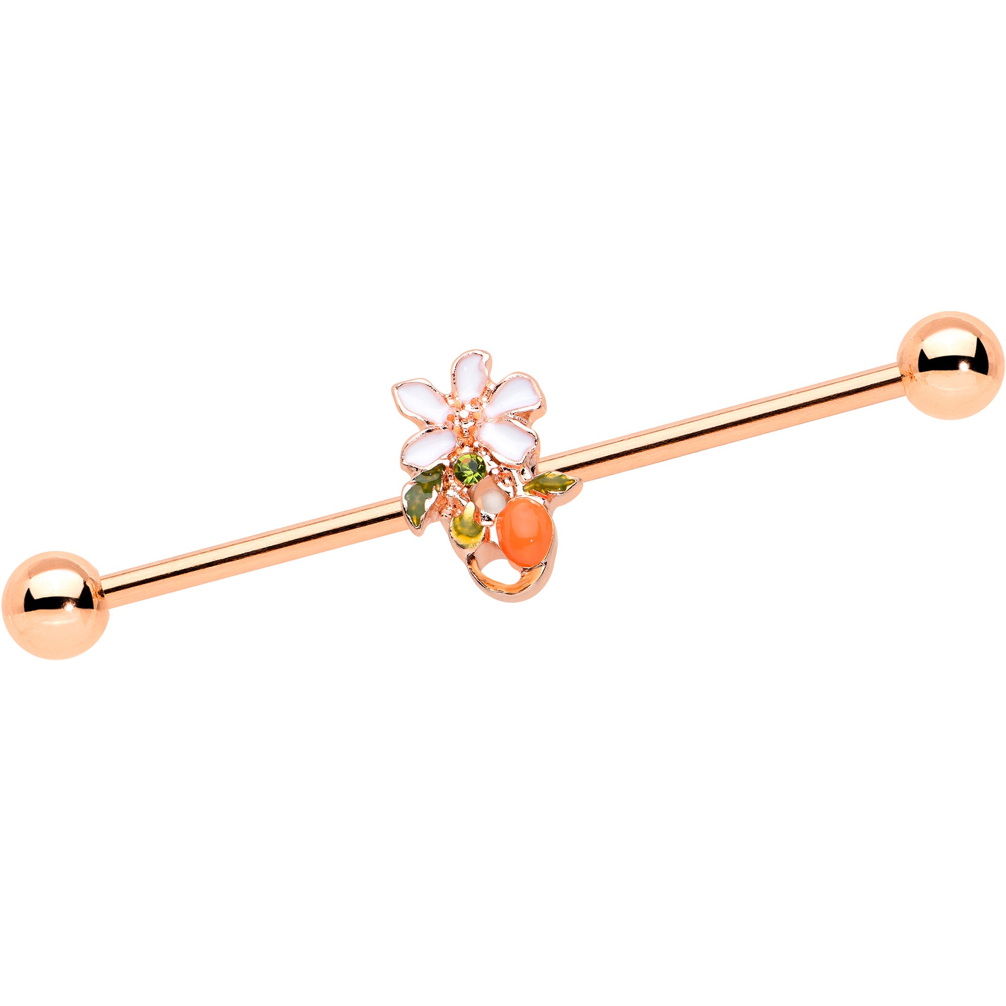 14 Gauge Green Gem Rose Gold Hue Orange Flower Industrial Barbell 38mm