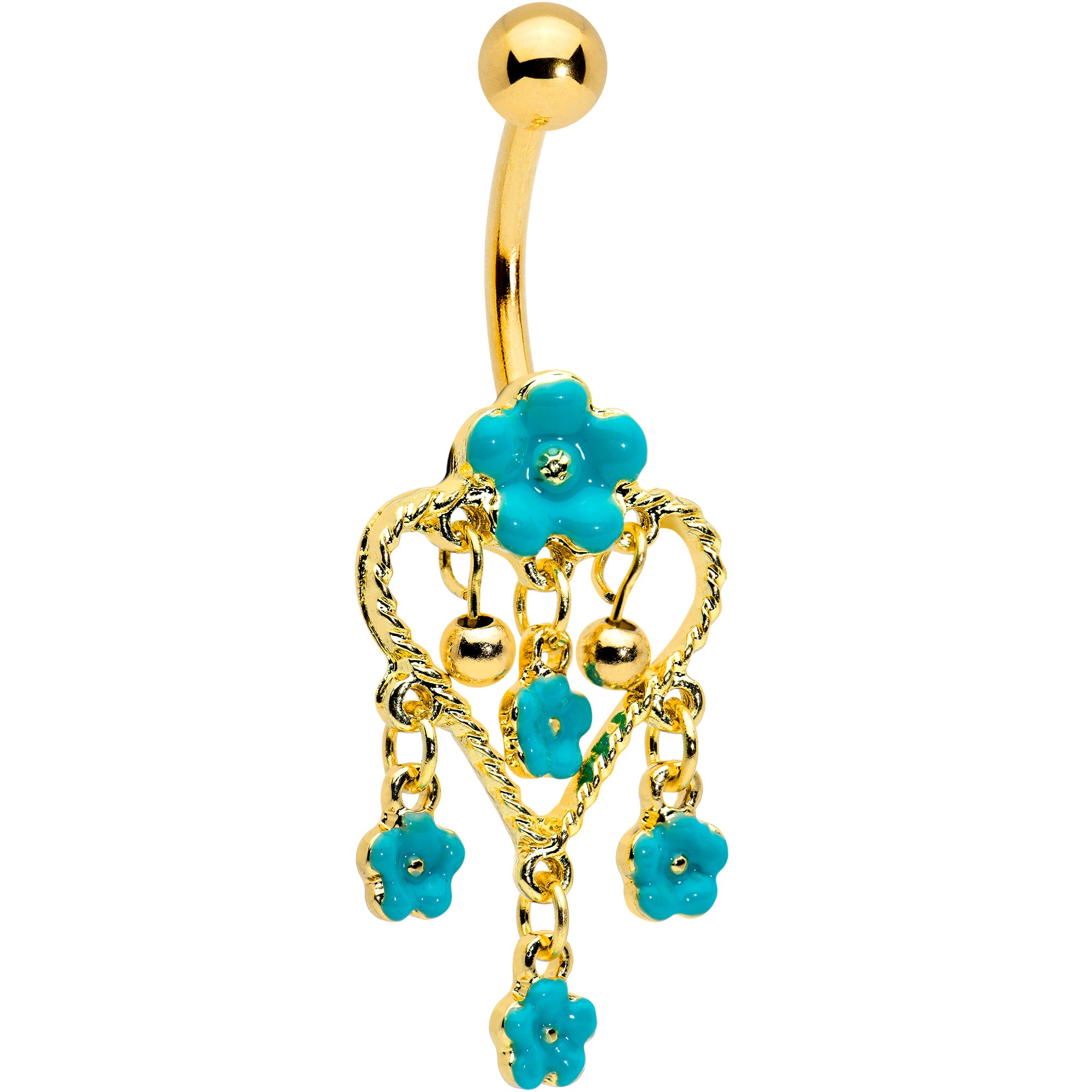 Gold Tone Blue Flowers Heart Dangle Belly Ring