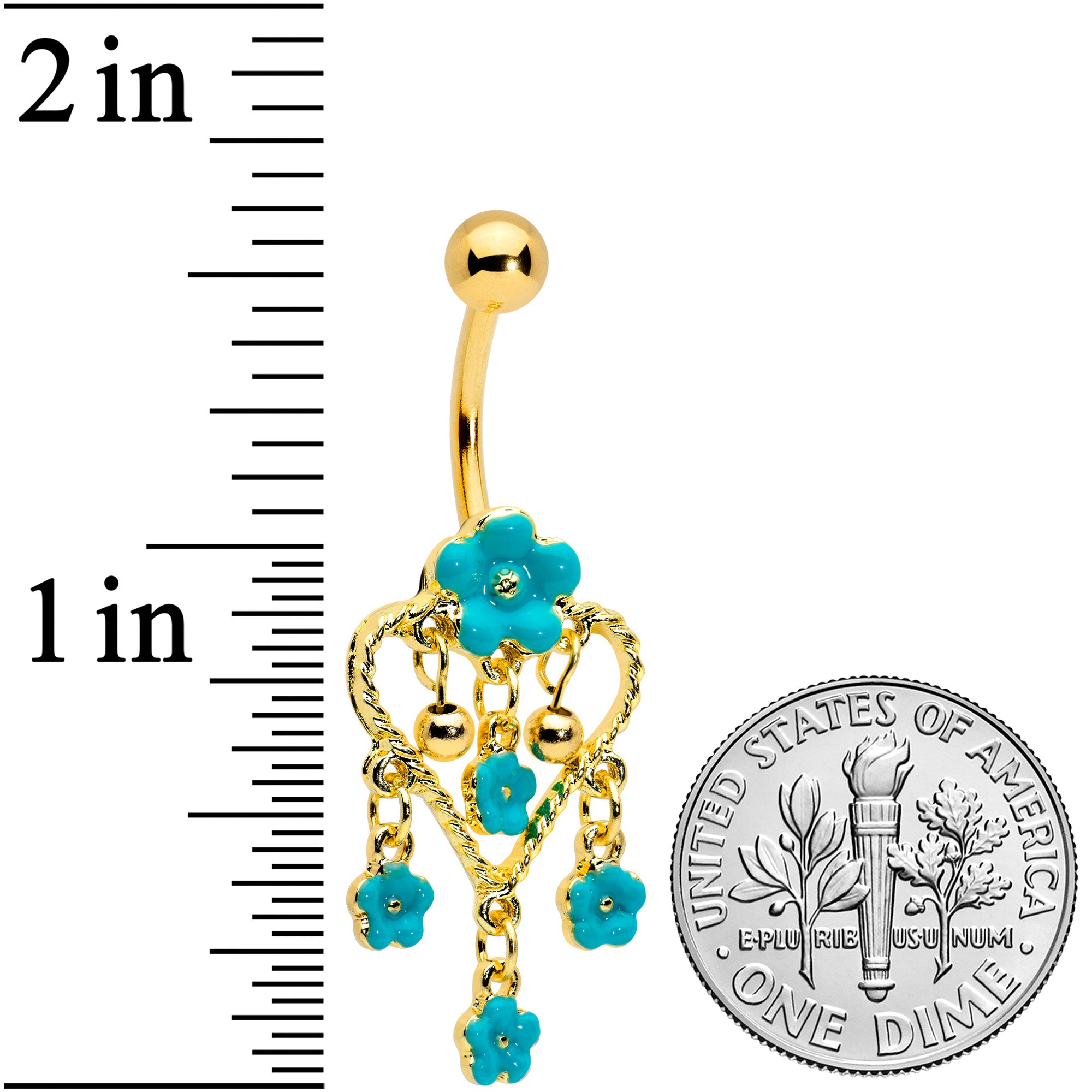 Gold Tone Blue Flowers Heart Dangle Belly Ring