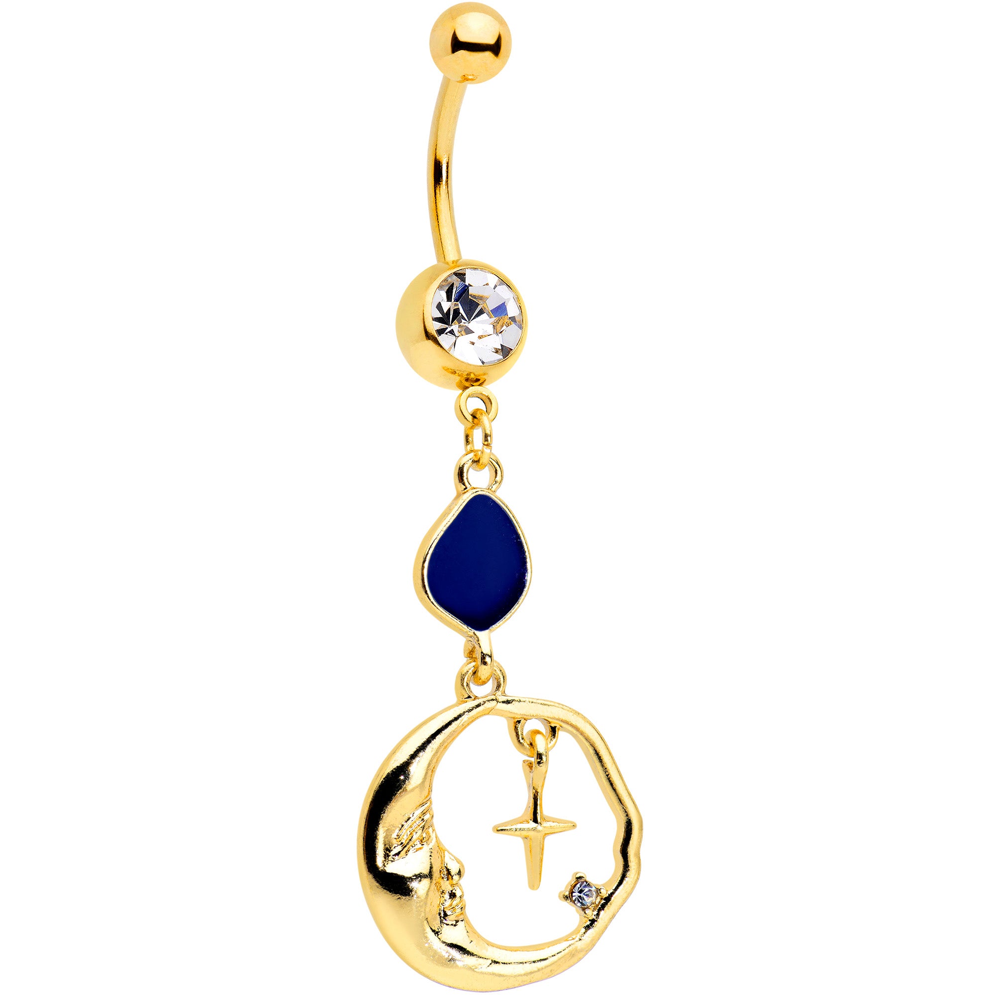 Clear Gem Gold Tone Blue Drop Moon Dangle Belly Ring