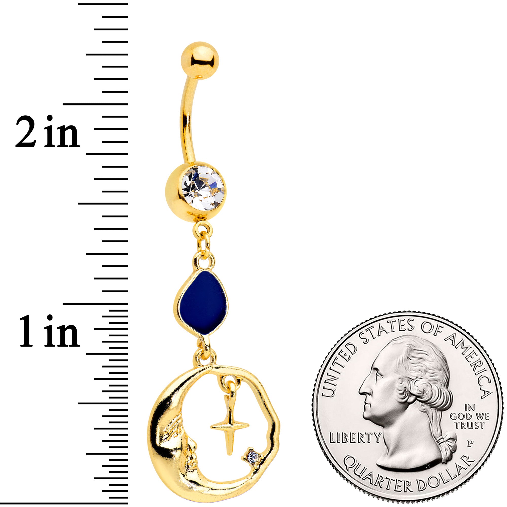 Clear Gem Gold Tone Blue Drop Moon Dangle Belly Ring