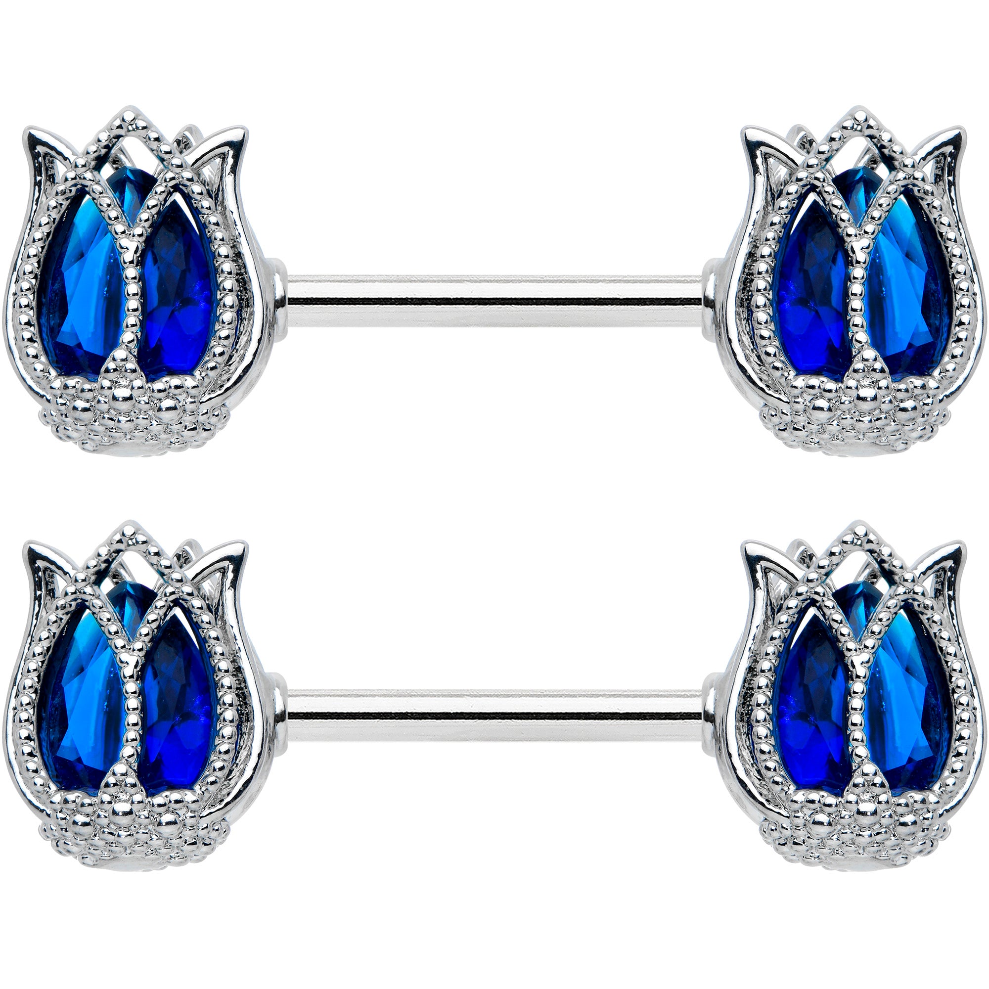 14 Gauge 9/16 Blue Gem Tulip Flower Barbell Nipple Ring Set