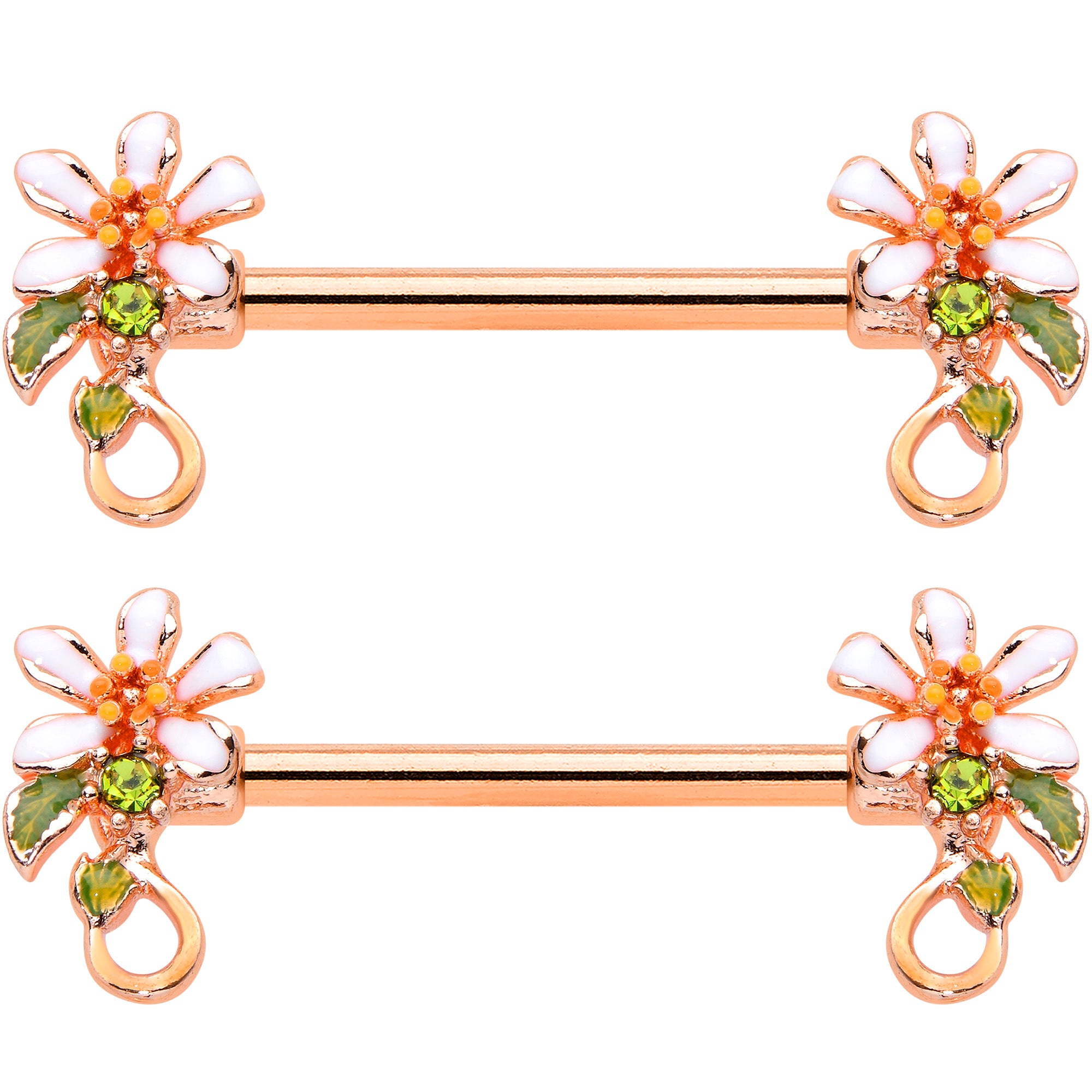 14 Gauge 9/16 Green Gem Rose Gold Tone Orange Flower Nipple Ring Set