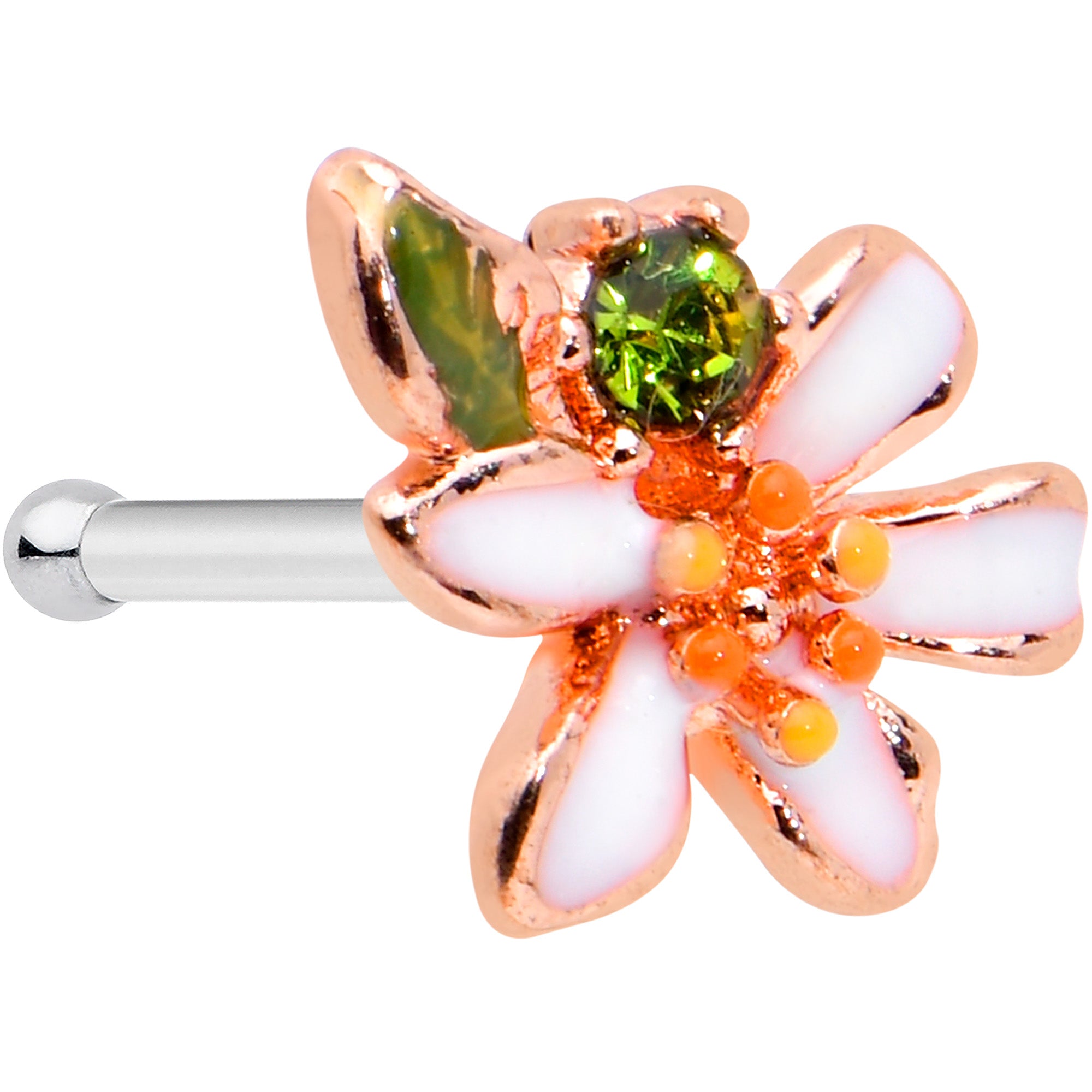 20 Gauge 1/4 Green CZ Gem Rosy Bold Flower Nose Bone