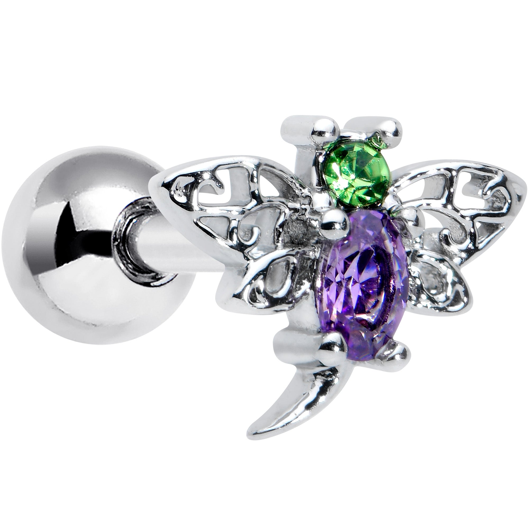 16 Gauge 1/4 Green Purple Gem Dragonfly Cartilage Tragus Earring