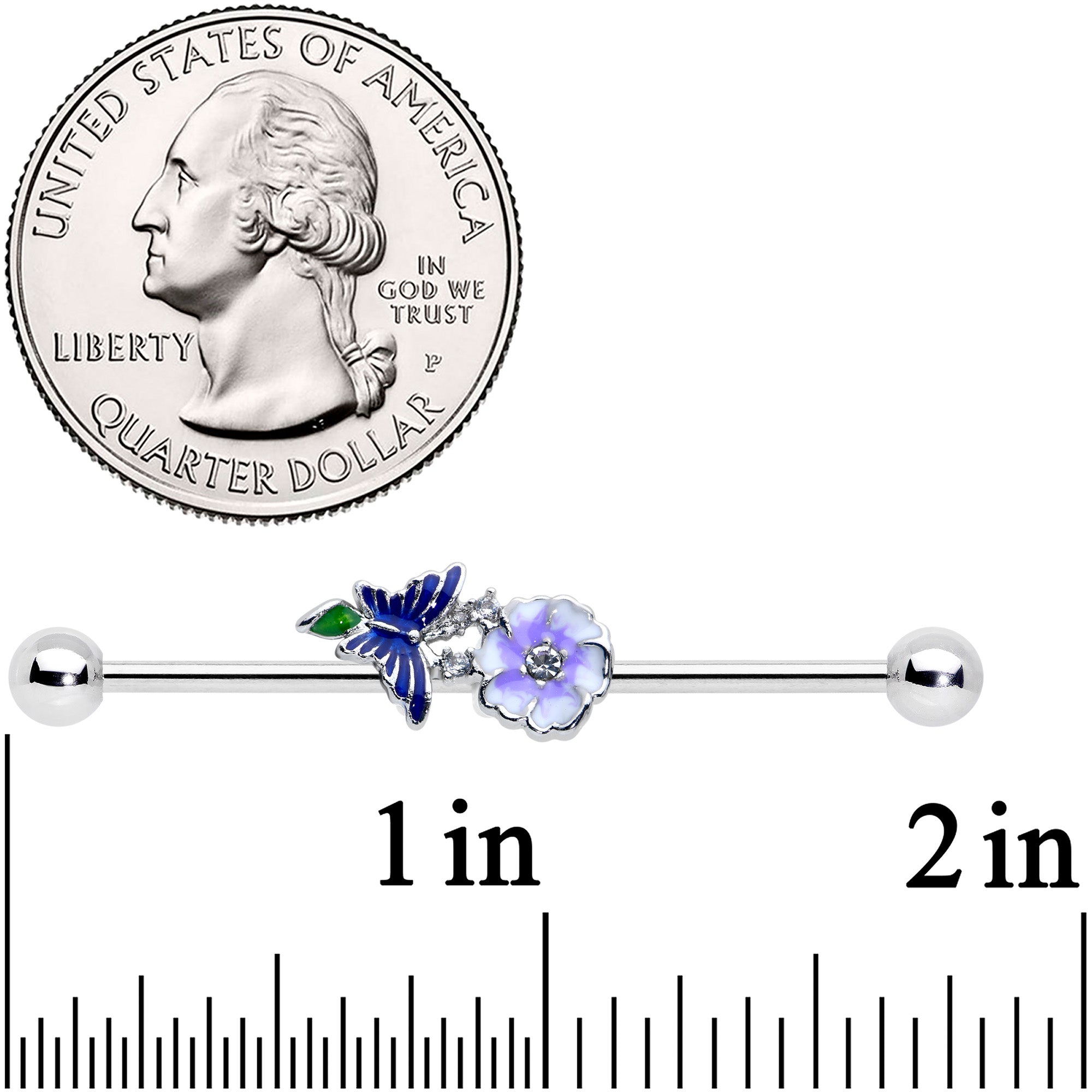 14 Gauge Clear CZ Gem Flower Blue Butterfly Industrial Barbell 38mm