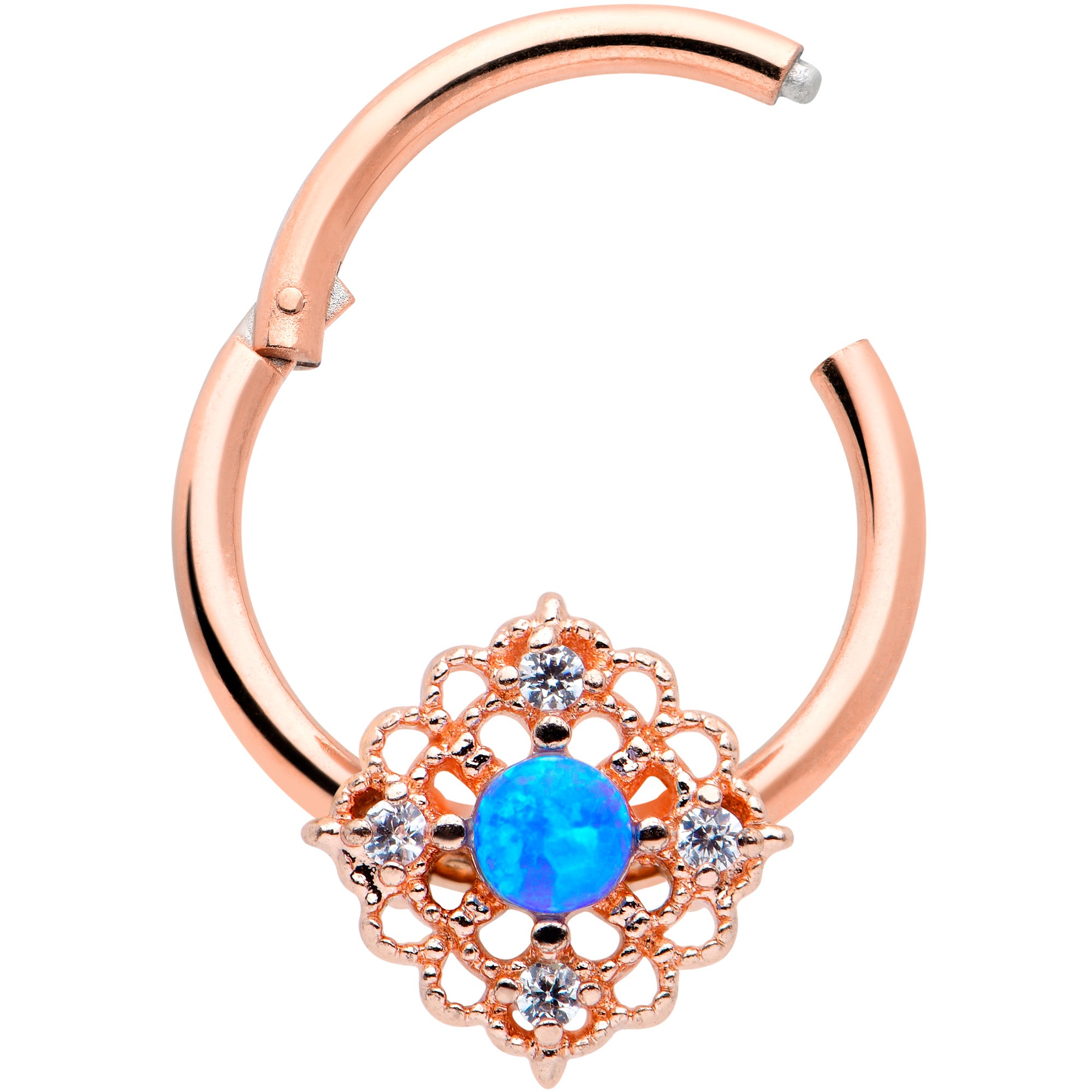 16 Gauge 3/8 Blue Synthetc Opal Rose Gold Hue Lacy Hinged Segment Ring