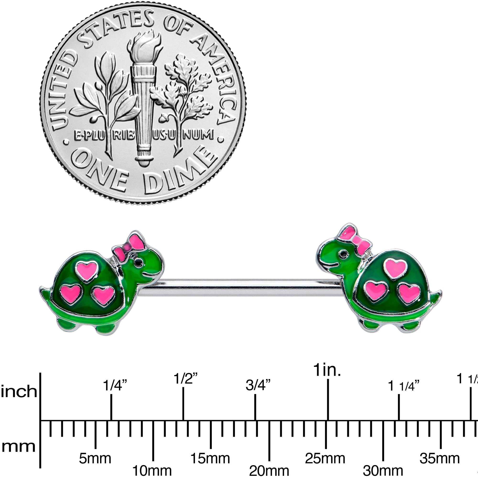 14 Gauge 9/16 Green Pink Bow Heart Turtle Barbell Nipple Ring Set