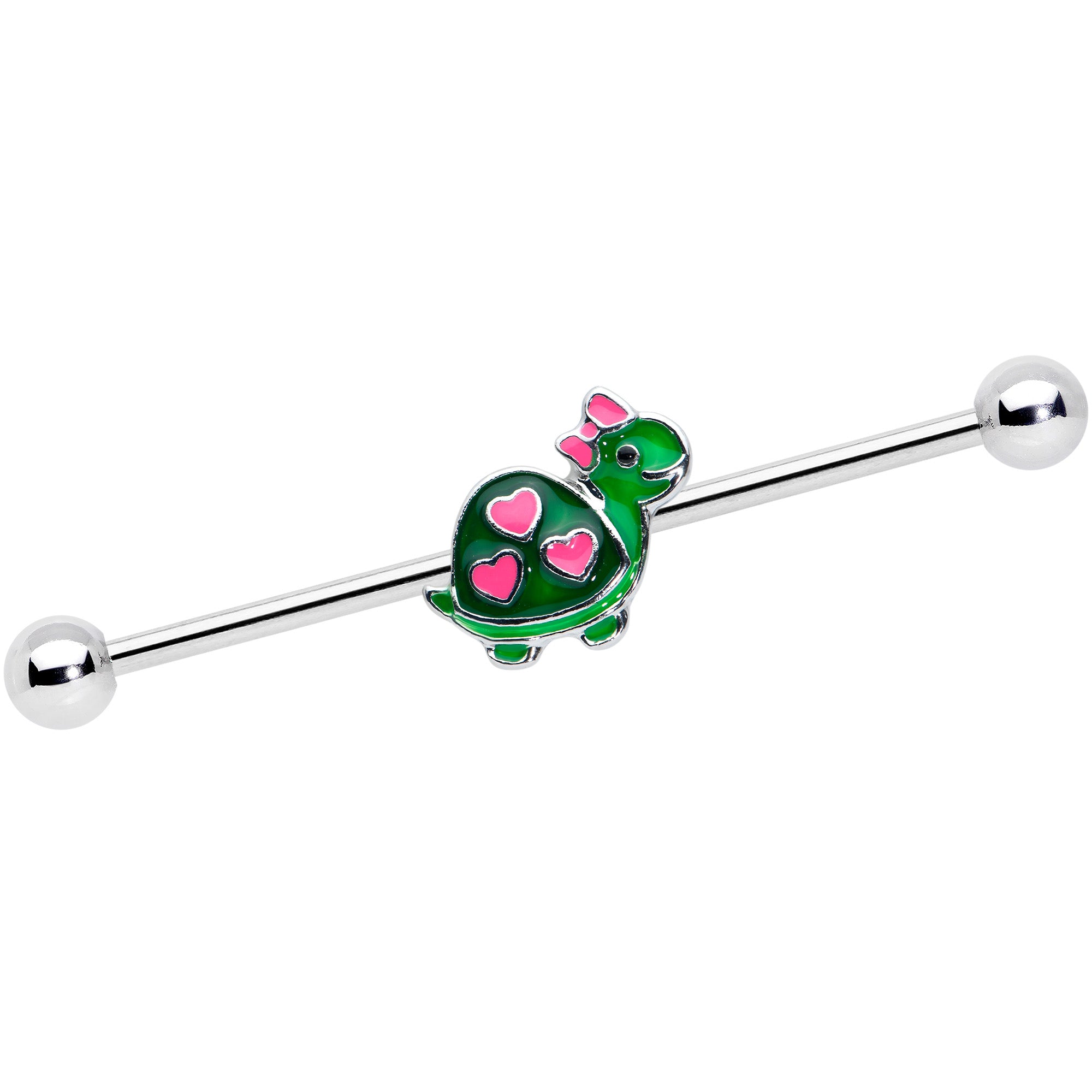 14 Gauge Pink Green Hearts Bow Pretty Turtle Industrial Barbell 38mm