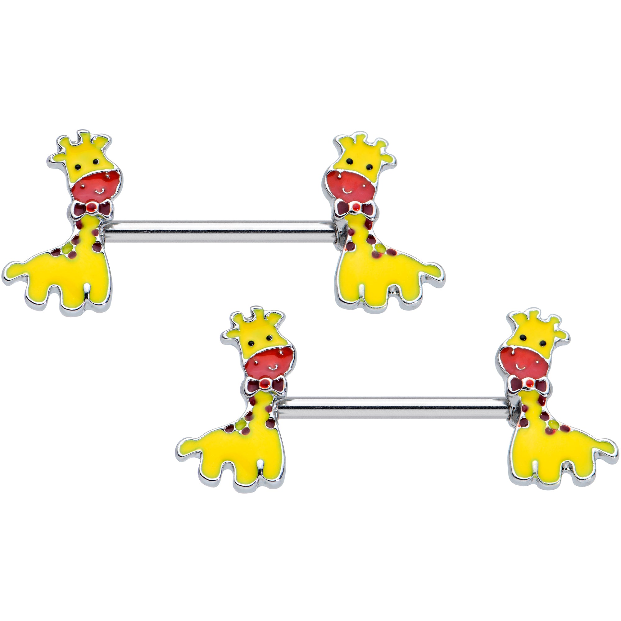 14 Gauge 9/16 Bow Tie Yellow Red Giraffe Barbell Nipple Ring Set