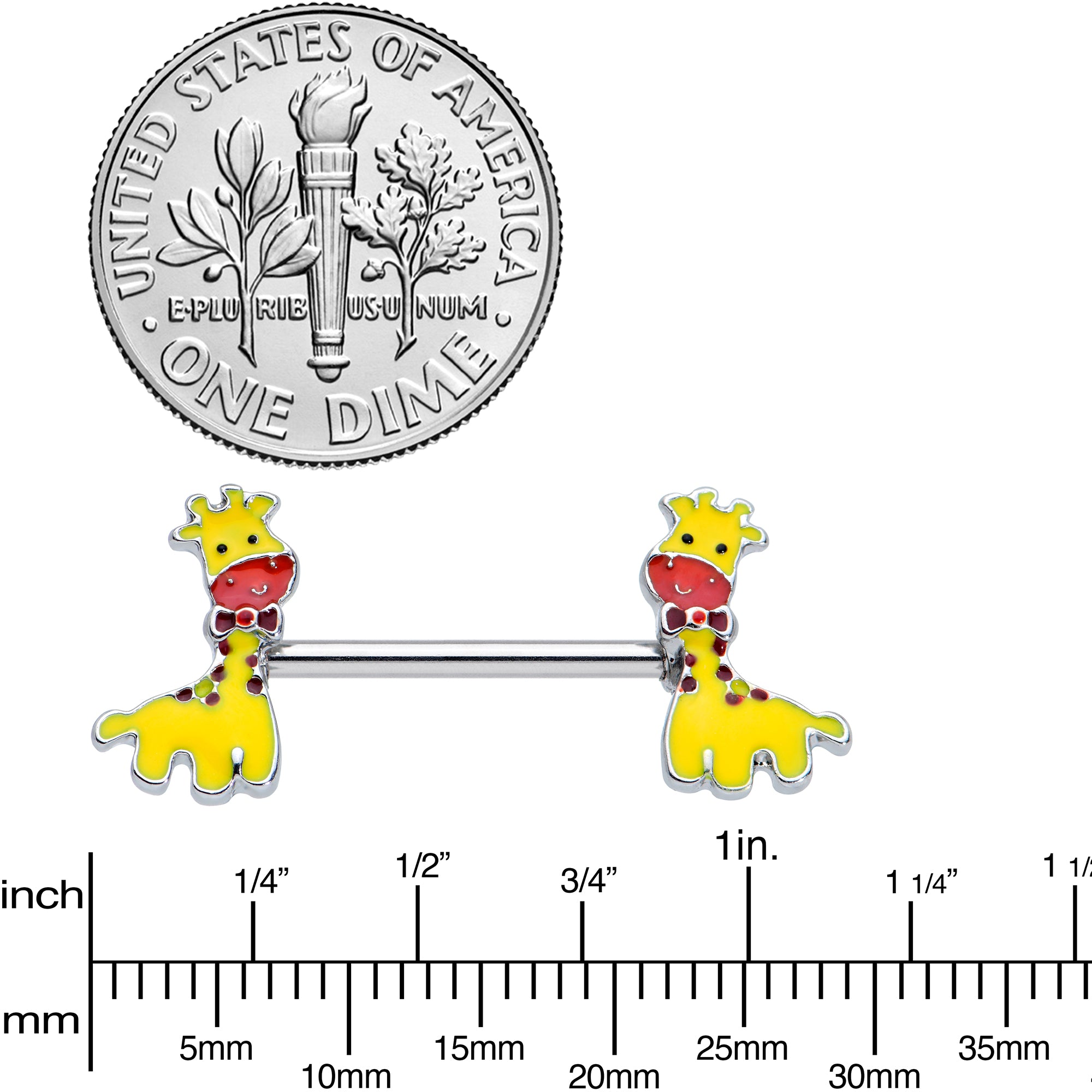 14 Gauge 9/16 Bow Tie Yellow Red Giraffe Barbell Nipple Ring Set