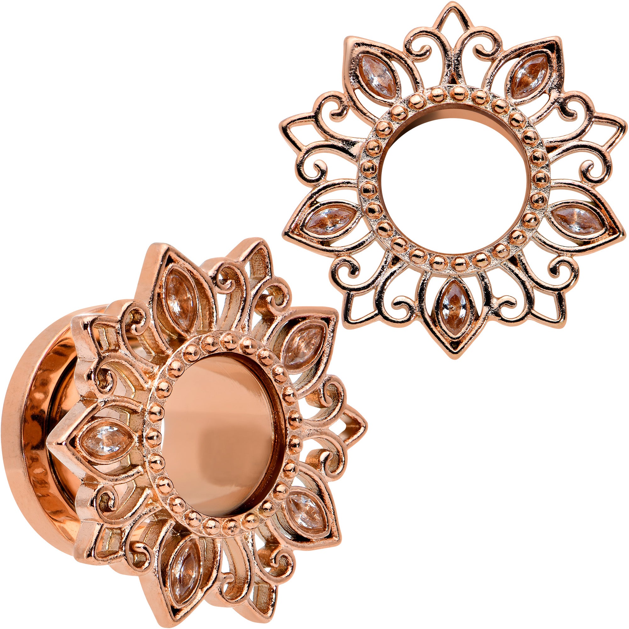 Brown Gem Rose Gold Tone Floral Edge Screw Fit Tunnel Plug Set