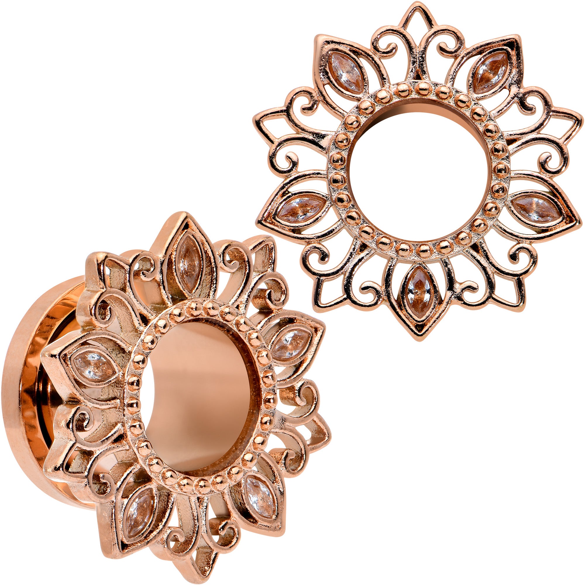 Brown Gem Rose Gold Tone Floral Edge Screw Fit Tunnel Plug Set