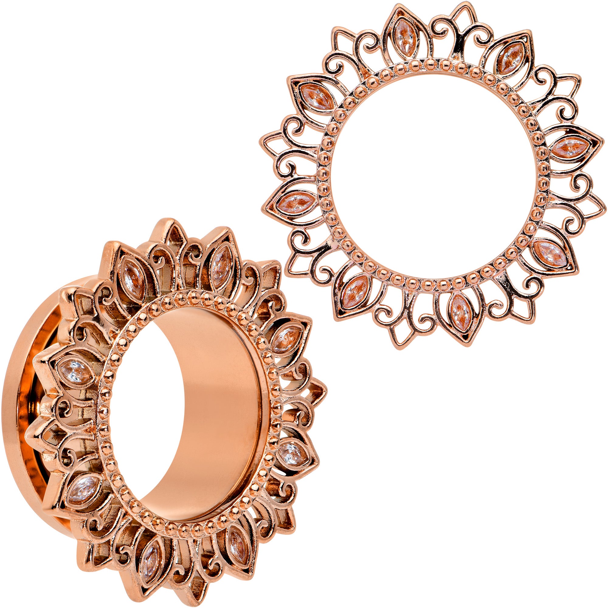 Brown Gem Rose Gold Tone Floral Edge Screw Fit Tunnel Plug Set