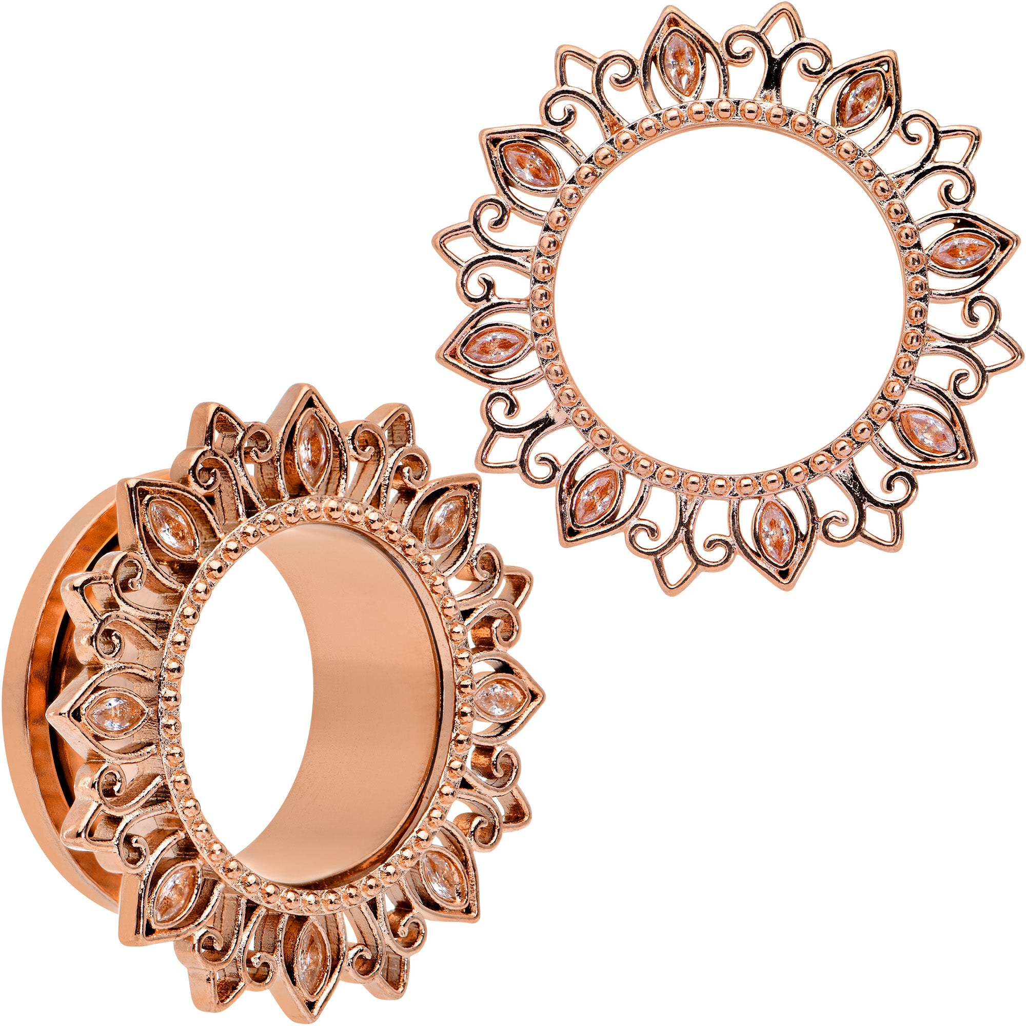 Brown Gem Rose Gold Tone Floral Edge Screw Fit Tunnel Plug Set