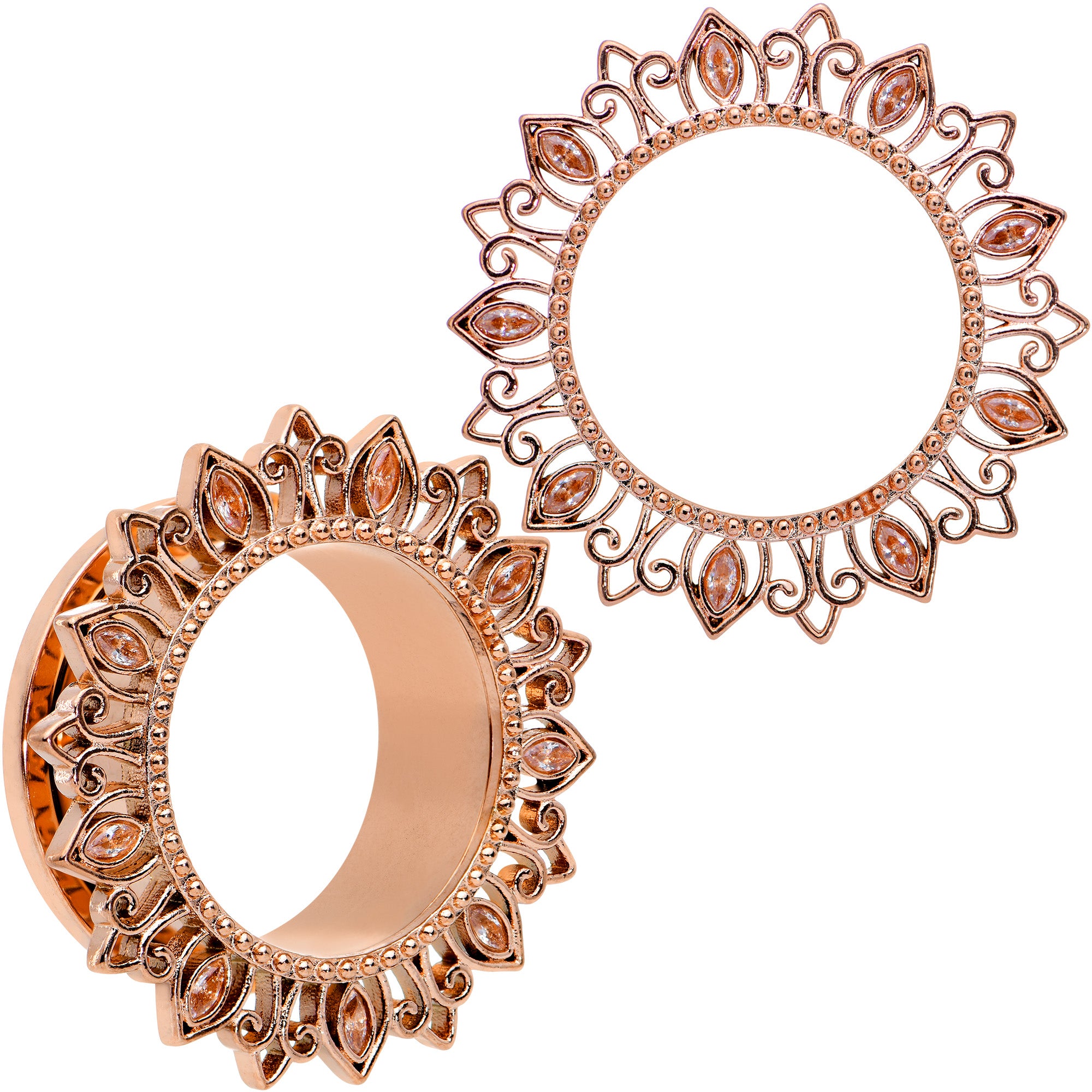 Brown Gem Rose Gold Tone Floral Edge Screw Fit Tunnel Plug Set