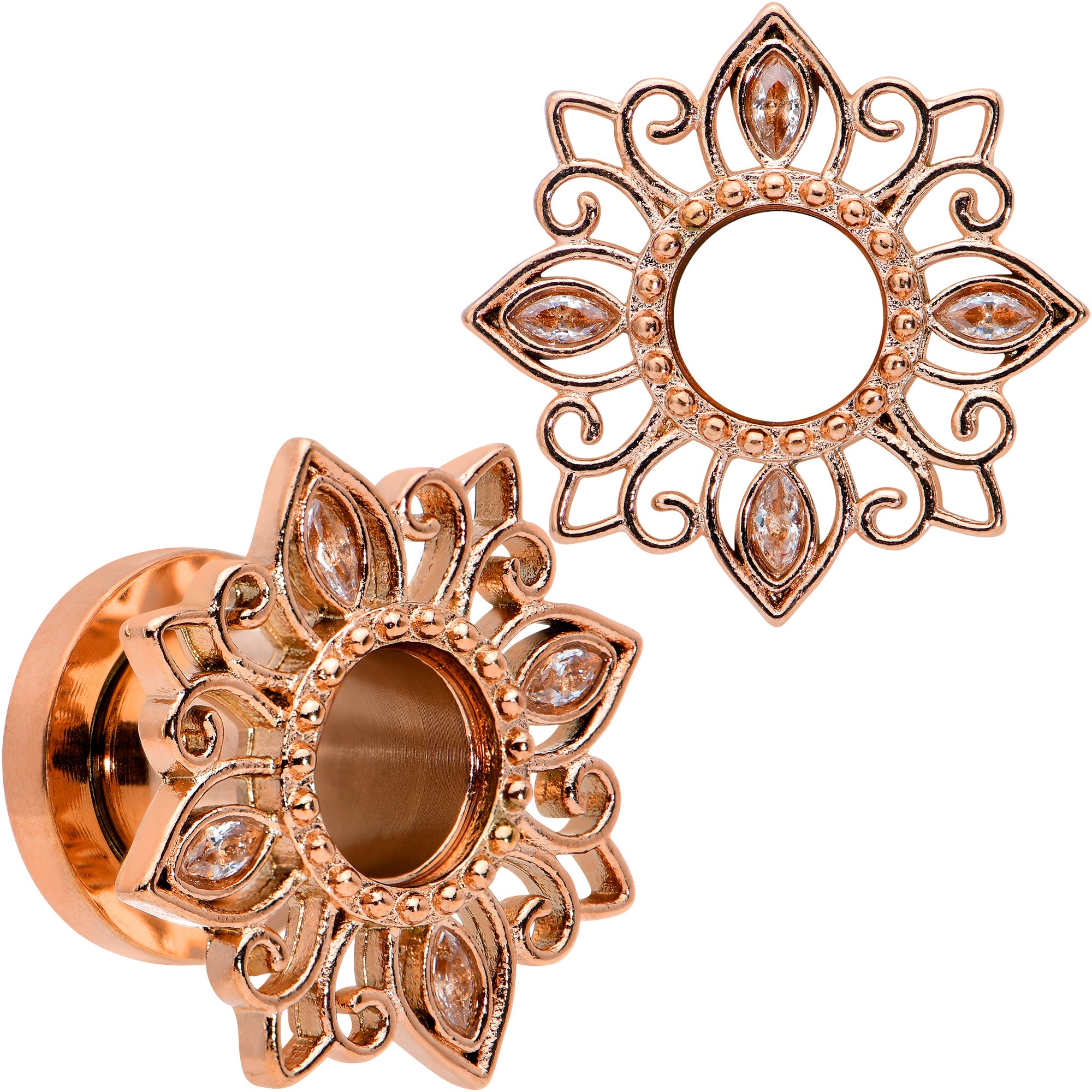 Brown Gem Rose Gold Tone Floral Edge Screw Fit Tunnel Plug Set